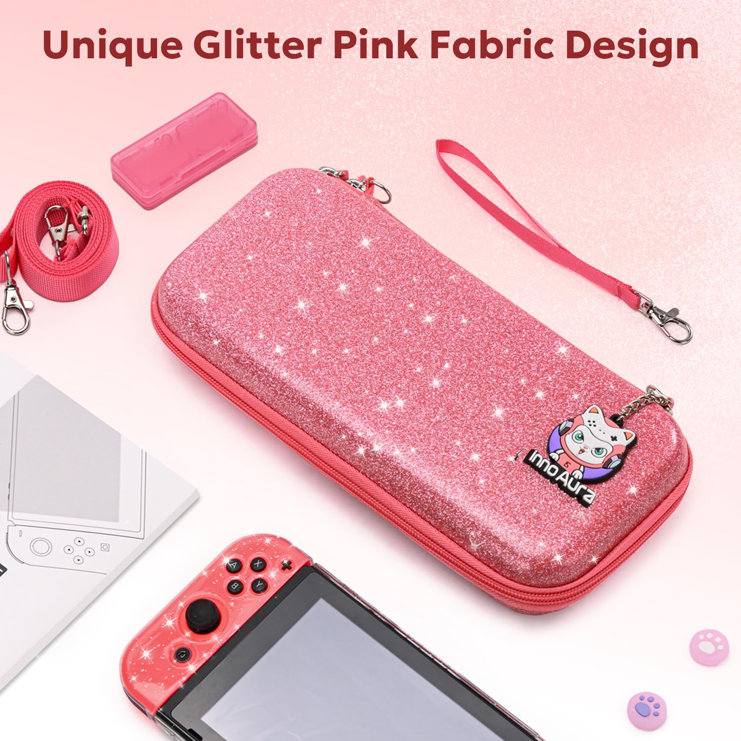InnoAura 17-in-1 Nintendo Switch Accessories Bundle - Switch Carrying Case, Protective Case, Game Case, Screen Protector & Thumb Grips (Sequins Pink) | Perfect for Travel, Gaming On-The-Go & Switch Protection