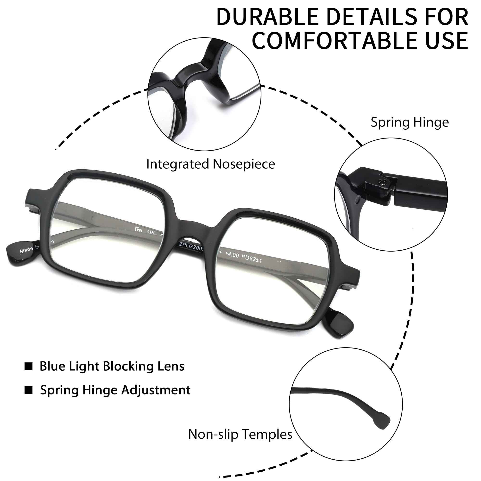 JM 4 Pack Square Reading Glasses - Blue Light Blocking Computer Glasses for Women & Men with Spring Hinge - Perfect for Office Work, Gaming & Screen Time