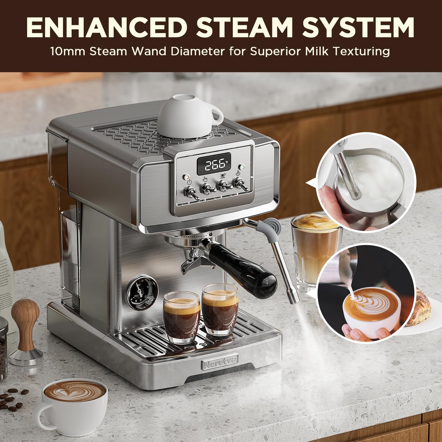 **Neretva 15Bar Espresso Coffee Machine with Pressure Gauge - Stainless Steel Instant Heating Espresso Maker for Home Baristas - Perfect for Lattes & Cappuccinos | Beginner-Friendly Coffee Machine for Home & Office Use**