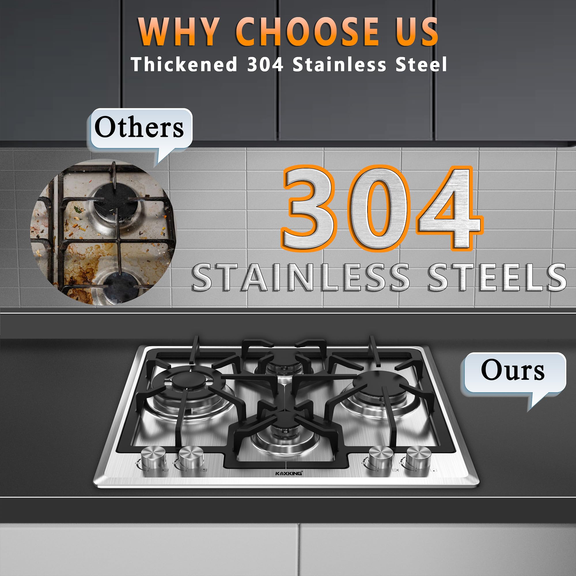 24 Inch Built-in Gas Cooktop - 4 Burner NG/LPG Convertible Stove with Thermocouple Protection - Stainless Steel Gas Range for Home Kitchen Cooking, Baking & Entertaining
