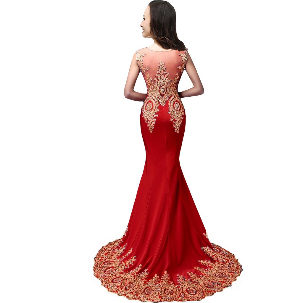 Kivary® Sheer Mermaid Gold Lace Long Formal Evening Dress with Crystals - Elegant Prom Gown for Women, Perfect for Weddings, Galas & Special Occasions