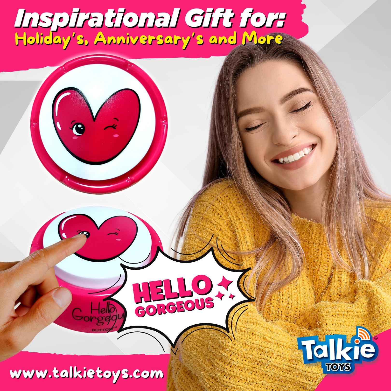 Talkie Toys Hello Gorgeous Button - Motivational Quote & Affirmation Sound Toy for Women | Self-Confidence Booster, Office Desk Decor, Gift for Friends