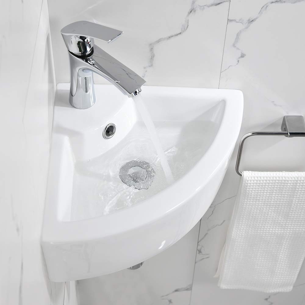 Bokaiya 18x13 Inch White Porcelain Corner Wall Mount Bathroom Sink with Overflow - Space Saving Triangle Vessel Sink for Small Bathrooms, Includes Faucet - Perfect for Apartments, Tiny Homes & Powder Rooms