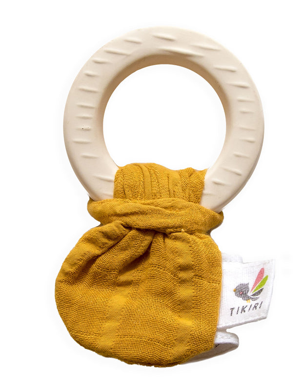 Tikiri Natural Rubber Teether & Crinkle Toy for Babies - Mustard Muslin Tie - Soothing Teething Relief & Sensory Play for Infants