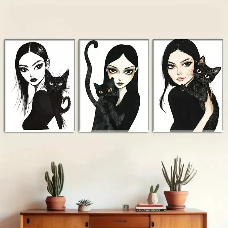 3-Piece Gothic Style Girl and Black Cat Triptych Wall Art Set - 40x60cm Framed Canvas Prints | High Quality Australian Made Wall Decor | Perfect for Living Room, Bedroom & Gothic Home Decor
