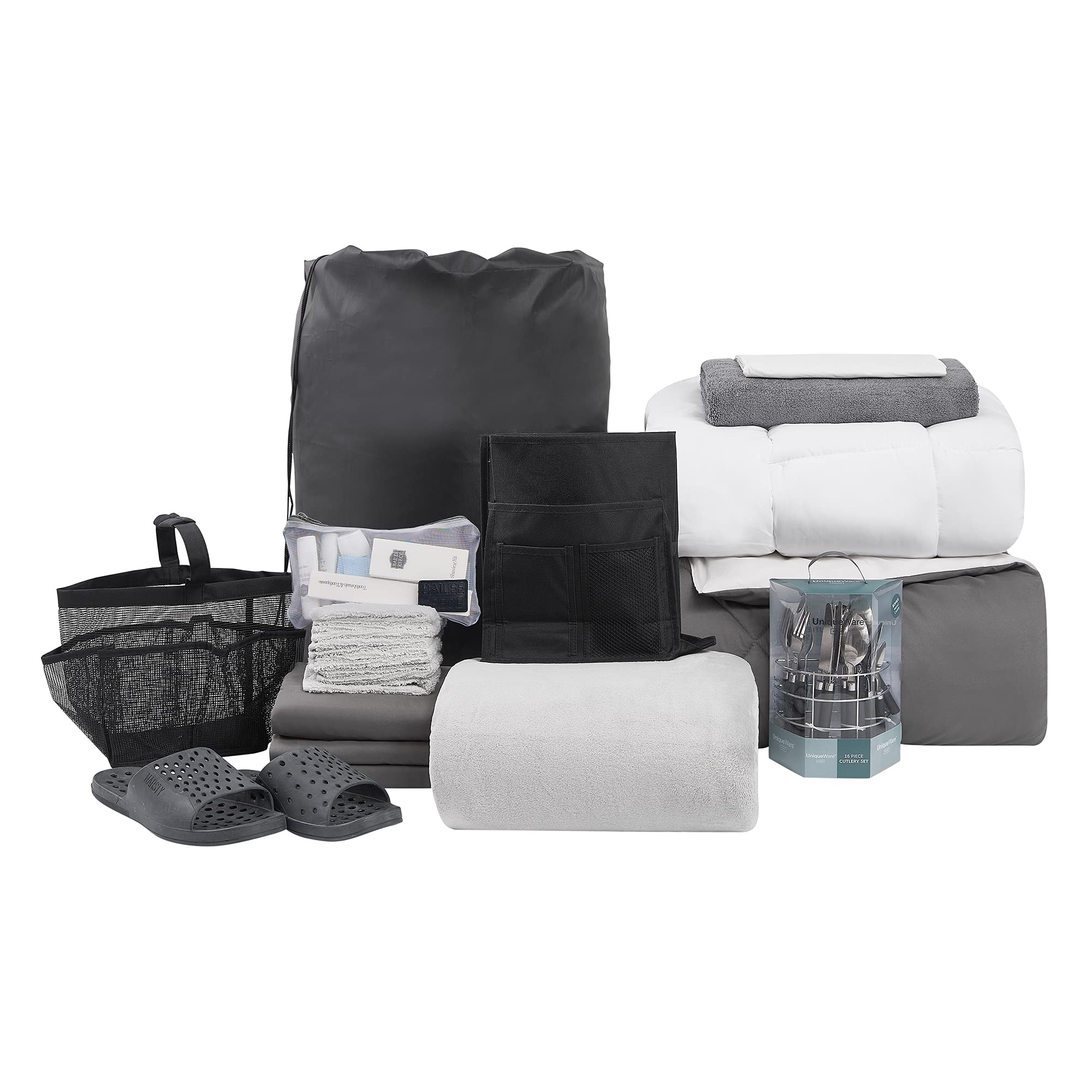 44-Piece College Dorm Essentials Set - Complete Bedding & Bath Bundle in Granite Gray & Jet Stream - Perfect for Dorm Rooms, Apartments & First Home Setup