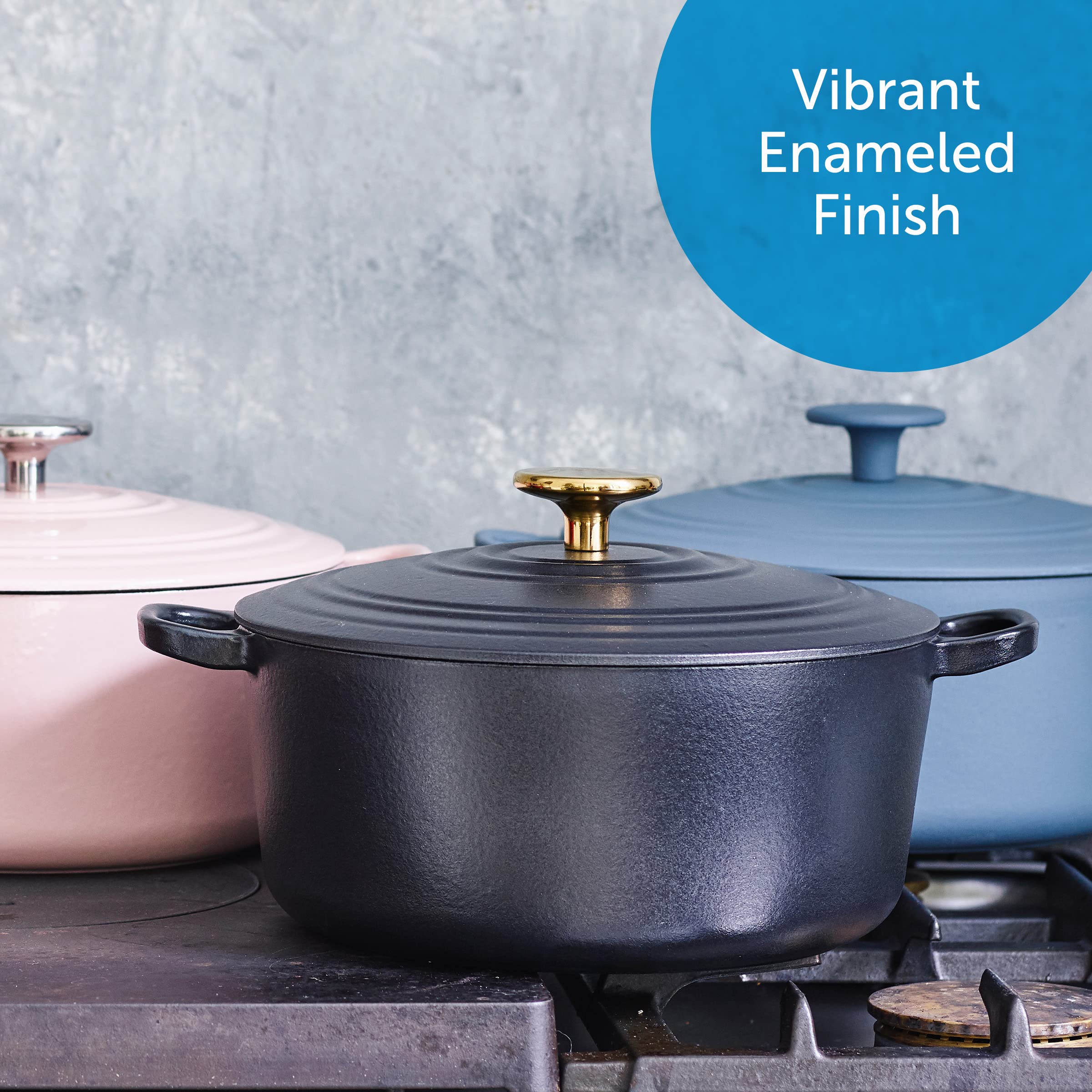 BK Cookware Bourgogne Enameled Cast Iron 4.4QT Dutch Oven - Pitch Black | Heavy Duty Cast Iron Pot for Braising, Stewing & Baking | Perfect for Soups, Casseroles & Bread Making in Oven or Stovetop