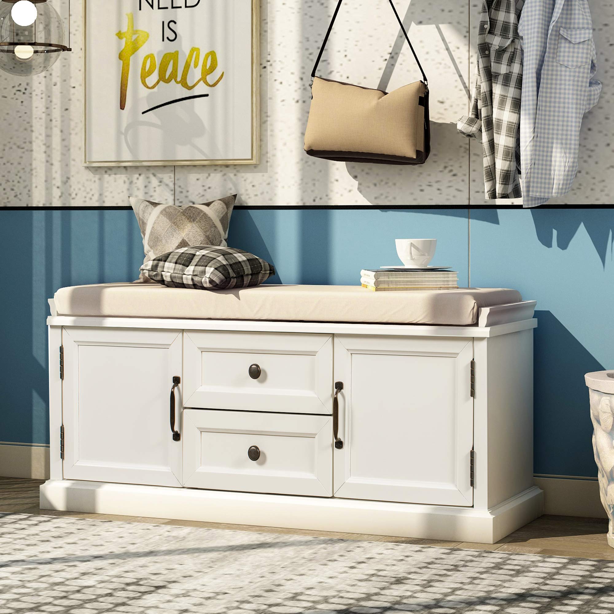 LZ LEISURE ZONE Storage Bench with 2 Drawers & 2 Cabinets - White Entryway Bench with Shoe Storage for Living Room, Hallway, Bedroom - Perfect for Organizing Shoes, Hats & Home Decor