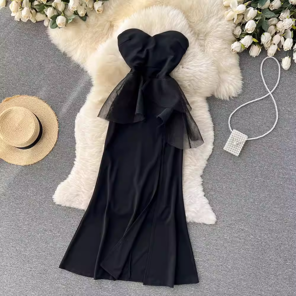 Elegant Black Tube Top Evening Dress with High Slit - Sheath Long Skirt for Women | Perfect for Cocktail Parties, Prom, and Formal Events