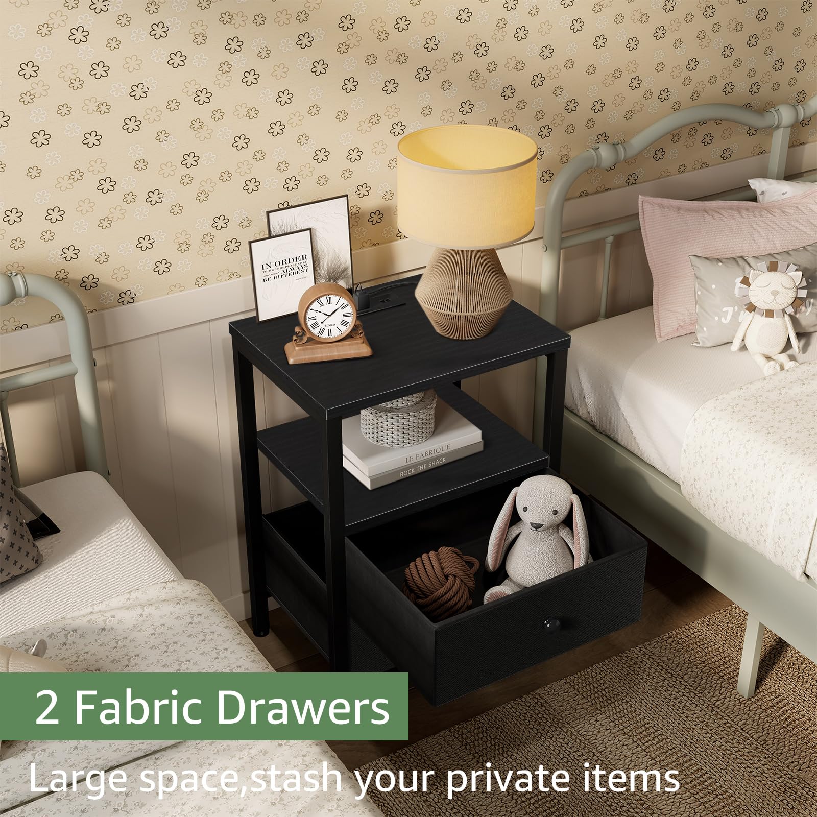 Modern Black Nightstand Set of 2 with USB Charging Station & Drawers - Bedroom End Tables for Dorm, Apartment & Master Bedroom - Perfect for Phones, Lamps & Bedside Storage