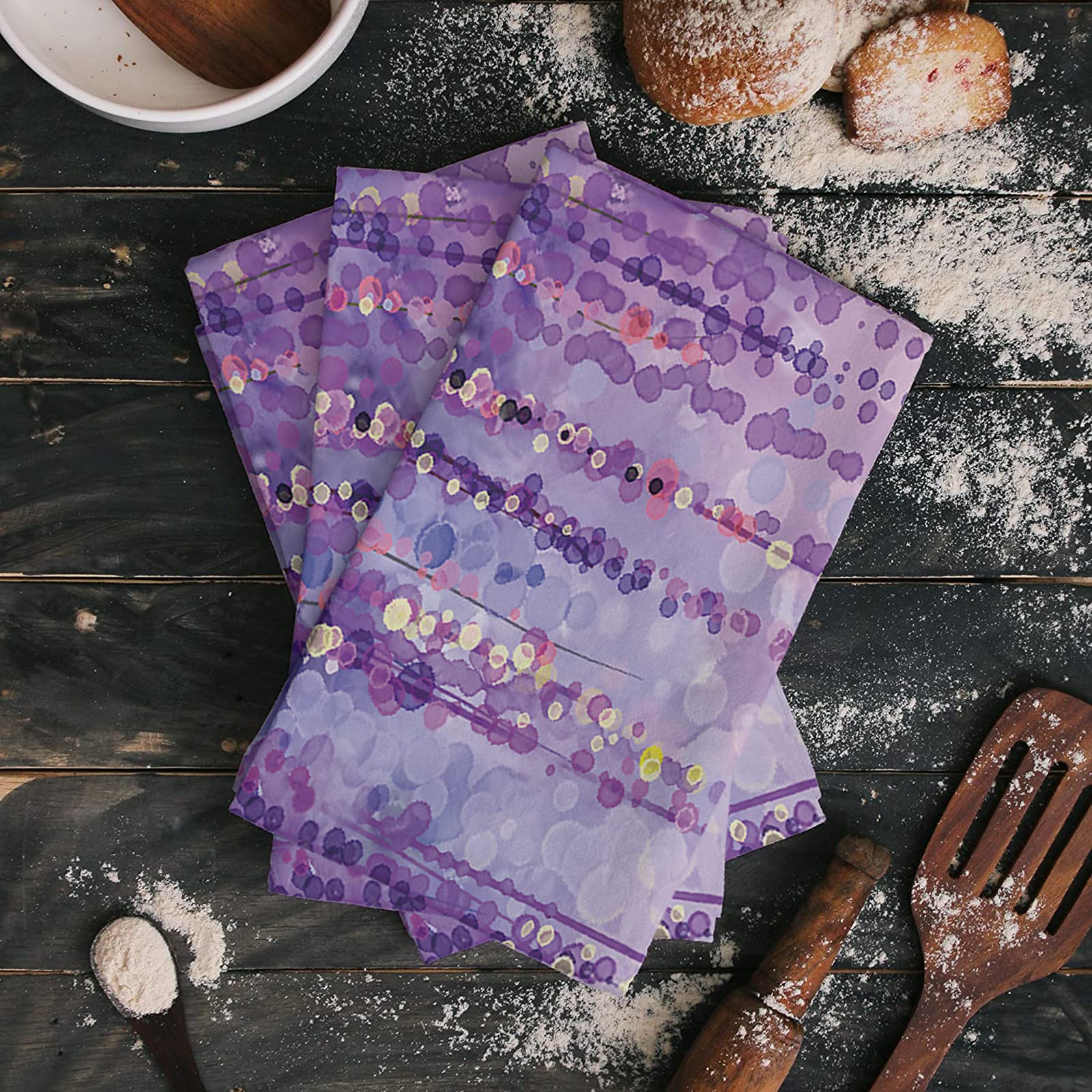 Premium 2-Pack Wisteria Flower Dish Towels Set | Absorbent Soft Cotton Kitchen Towels with Watercolor Floral Art Design | Perfect for Dish Drying, Bar Cleaning & Tea Time (Purple Abstract Fantasy Pattern)