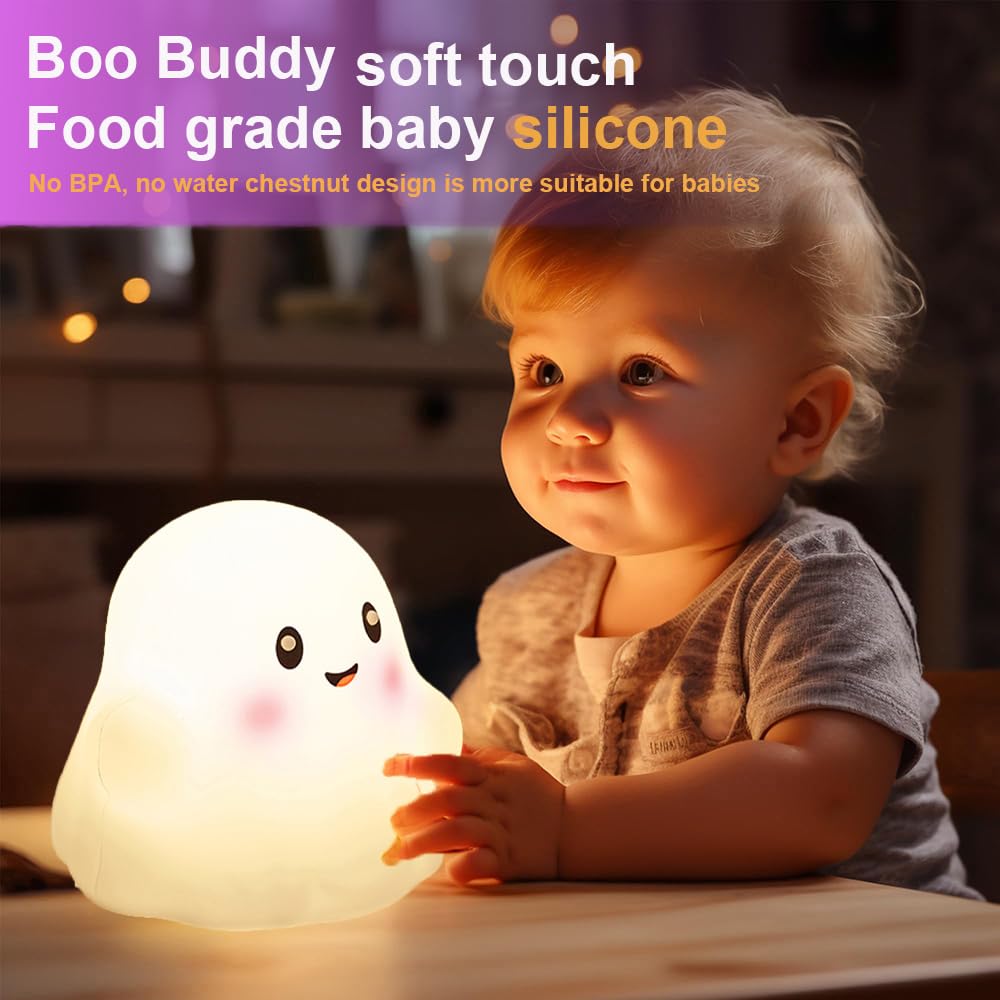 Kids Ghost Night Light - Adjustable Dimmable Silicone Nursery Lamp with 13 Interactive Sound Effects & Touch Sensor | Halloween Decor, Christmas Gift for Children (White Ghost) - Perfect for Bedrooms, Nurseries, and Holiday Decorations