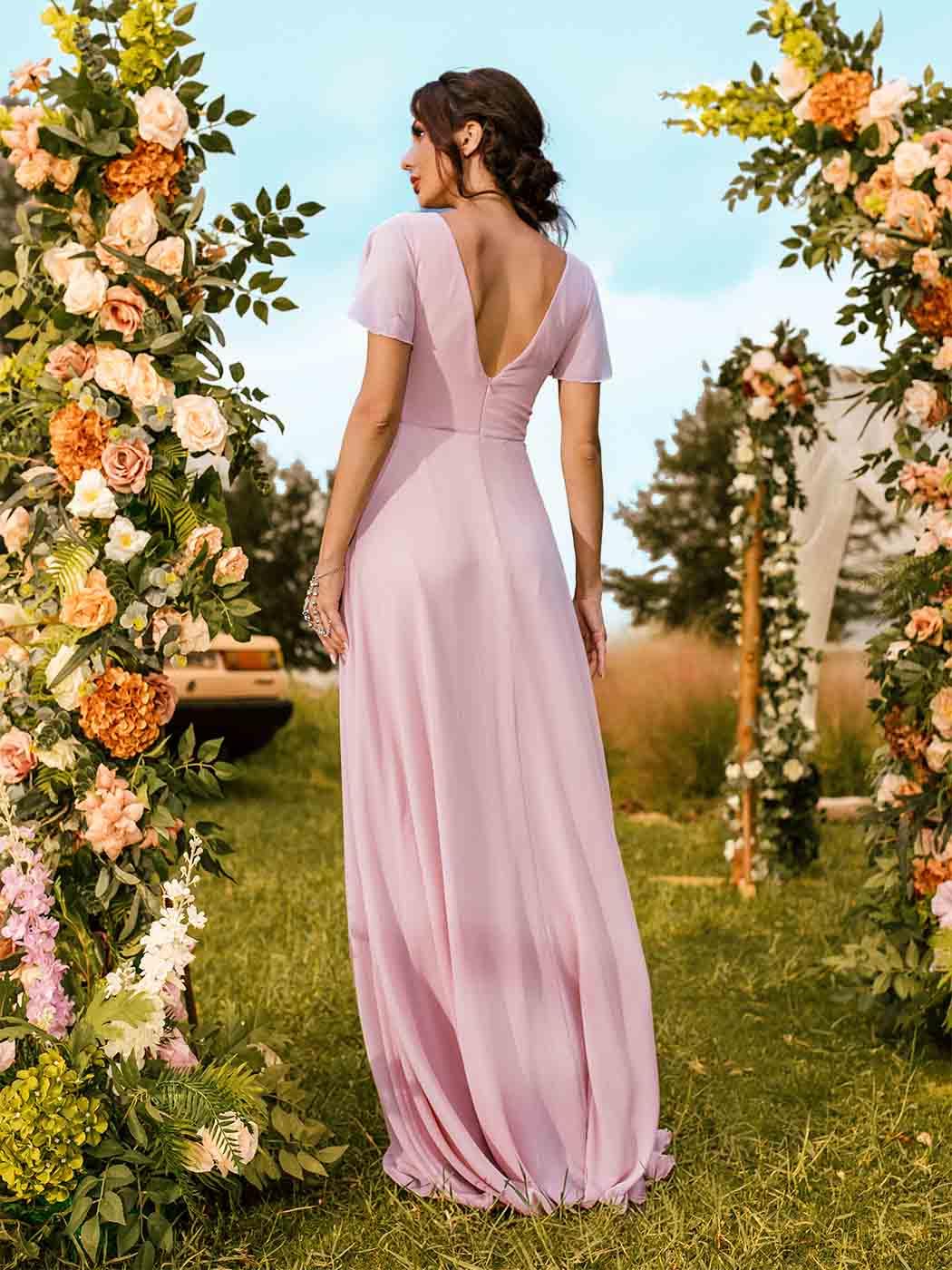 EASEDAILY Women's Pink V-Neck Short Sleeve High Waist Slit Maxi Dress for Bridesmaid Wedding Guest Evening Party - Elegant Long Gown for Formal Events, Prom, Cocktail Parties & Special Occasions