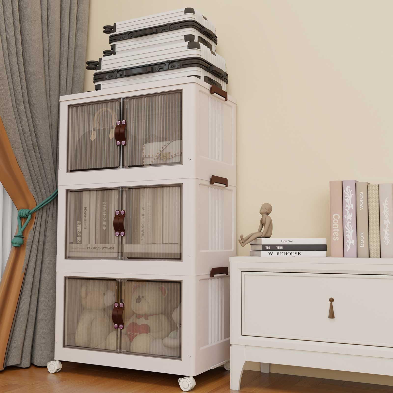 Collapsible Storage Cabinet with Lids - 100 Gallon/400QT Large Clear Door Storage Bins, 5-Tier Stackable Organizer with Rotating Wheels, Foldable Closet & Home Storage Solution for Bedroom, Garage, Office (White)