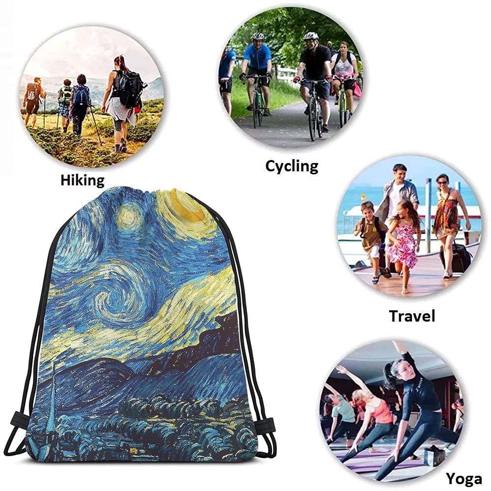 Van Gogh Starry Night Backpack - Classic Art Painting Drawstring Bag for Gym, Yoga & Travel | Moon & Stars Universe Design | Sport Sack for Men & Women | Perfect for Workouts, Beach & Daily Use