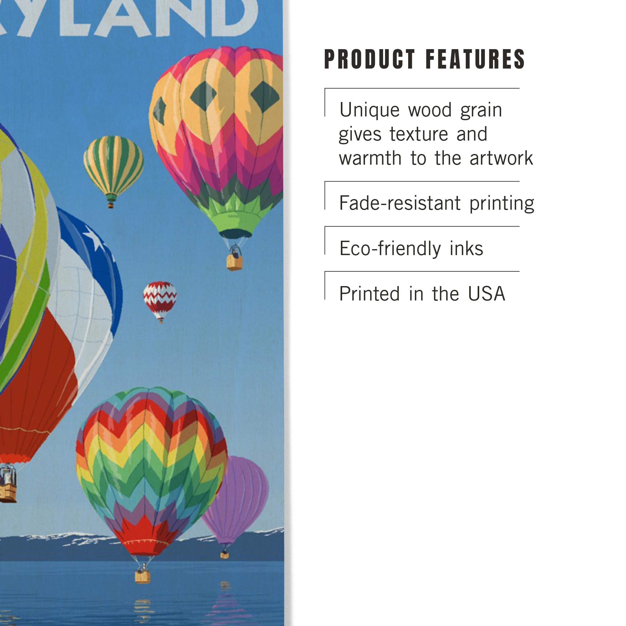 Lantern Press 12x18 Inch Premium Wood Sign - Ready to Hang Wall Decor with Maryland Hot Air Balloons Design - Perfect for Home, Office & Nursery Decorations