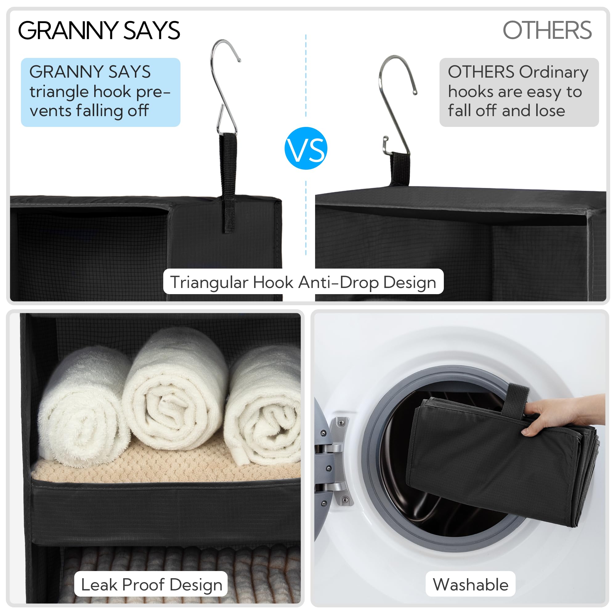 3-Tier Hanging Closet Organizer - Foldable Storage Shelves for Nursery, Bedroom & Closet - Space Saving Black Hanging Shelves (29.5