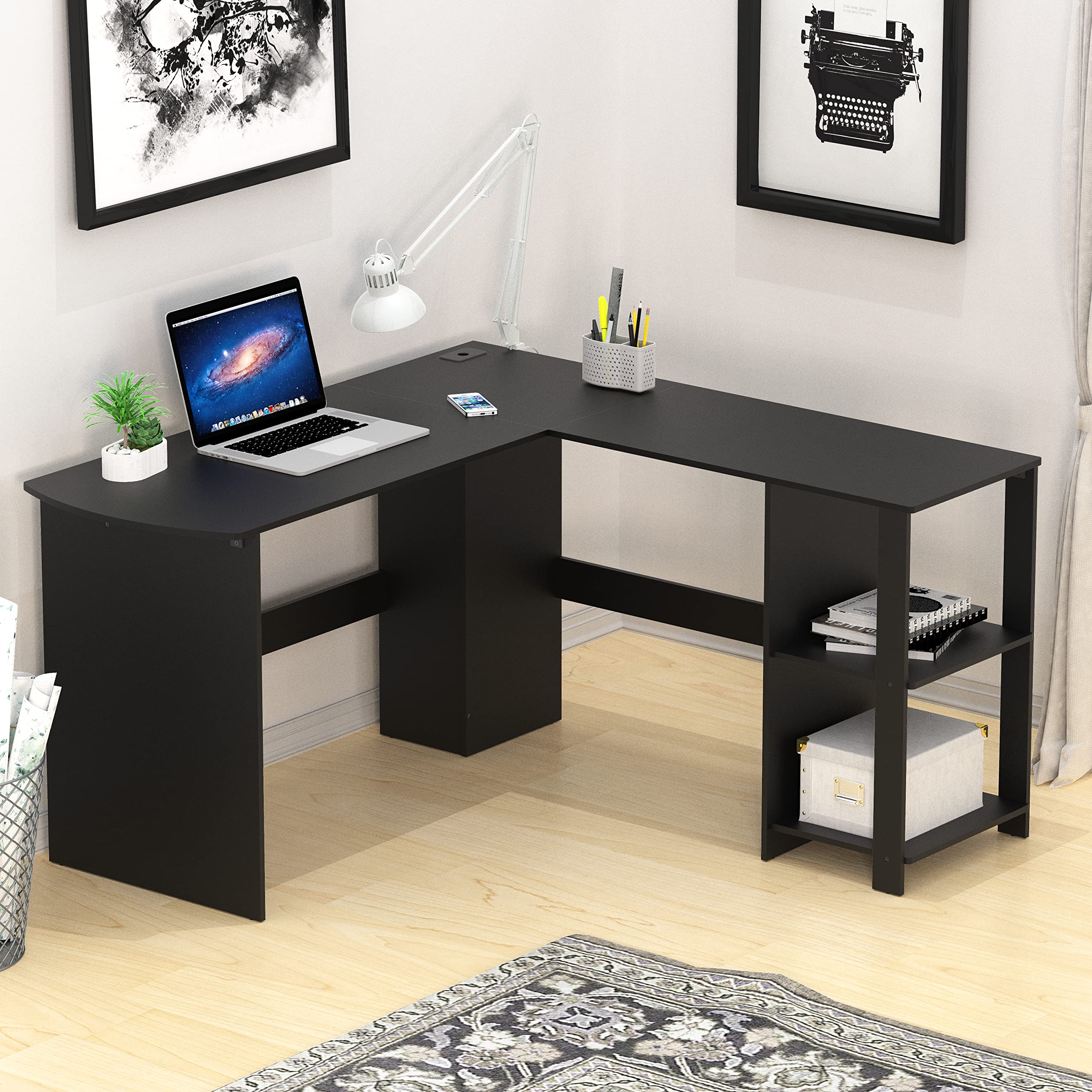 SHW L-Shaped Home Office Wood Corner Desk with Keyboard Tray, Black - Perfect for Small Spaces, Gaming & Remote Work Setup