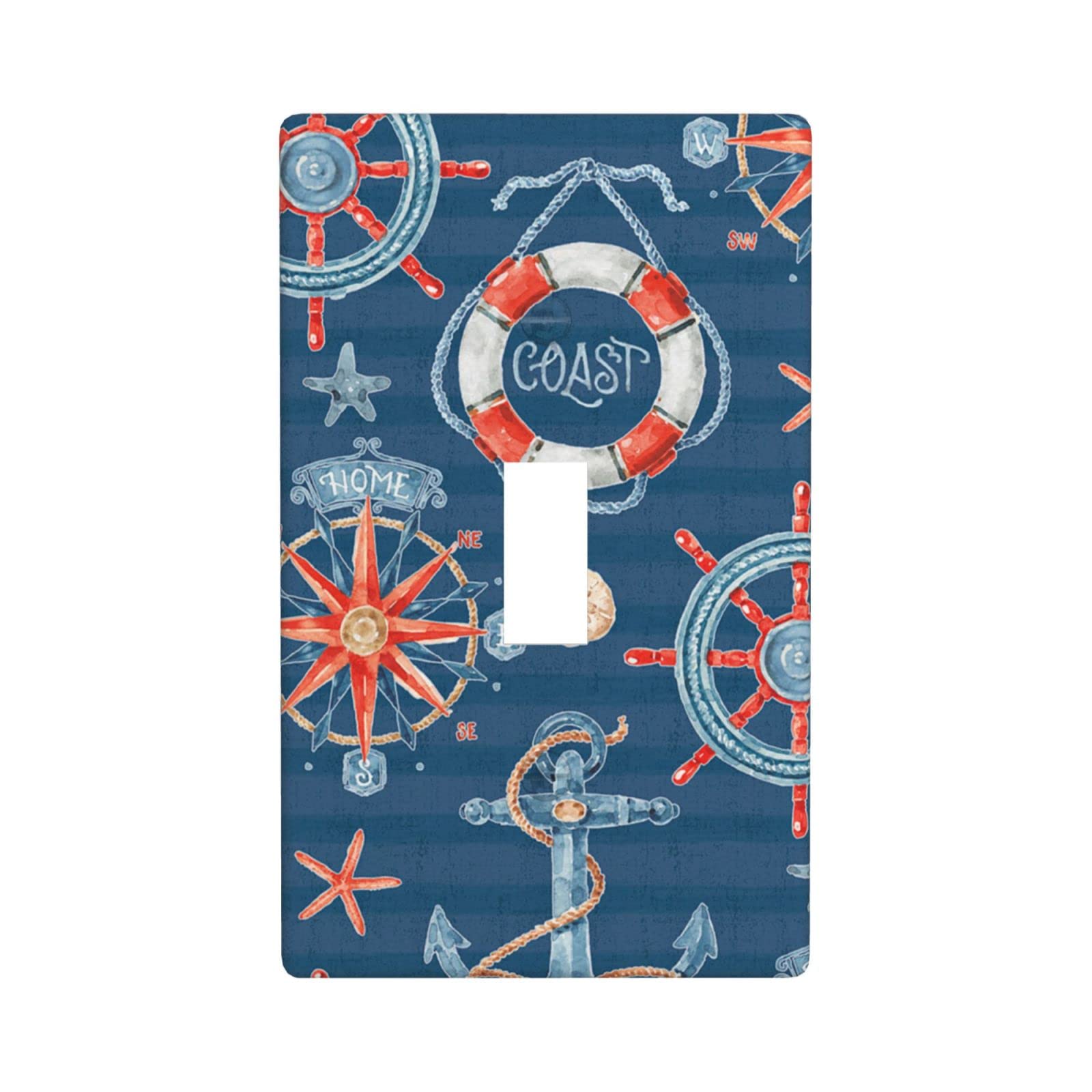 Nautical Blue Anchor Rudder Single Toggle Light Switch Cover Wall Plate - 1 Gang Decorative Outlet Cover, Standard Size for Kitchen, Bathroom & Living Room - Rustic Coastal Home Decor Accessory