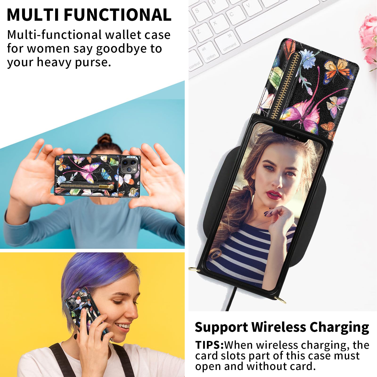 HOGGU Floral Leather Crossbody Wallet Phone Case for iPhone 11 Pro Max with Card Holder, Strap, Kickstand & Zipper Purse - Protective Women's Case Butterfly Design | Perfect for Everyday Use, Travel & Shopping