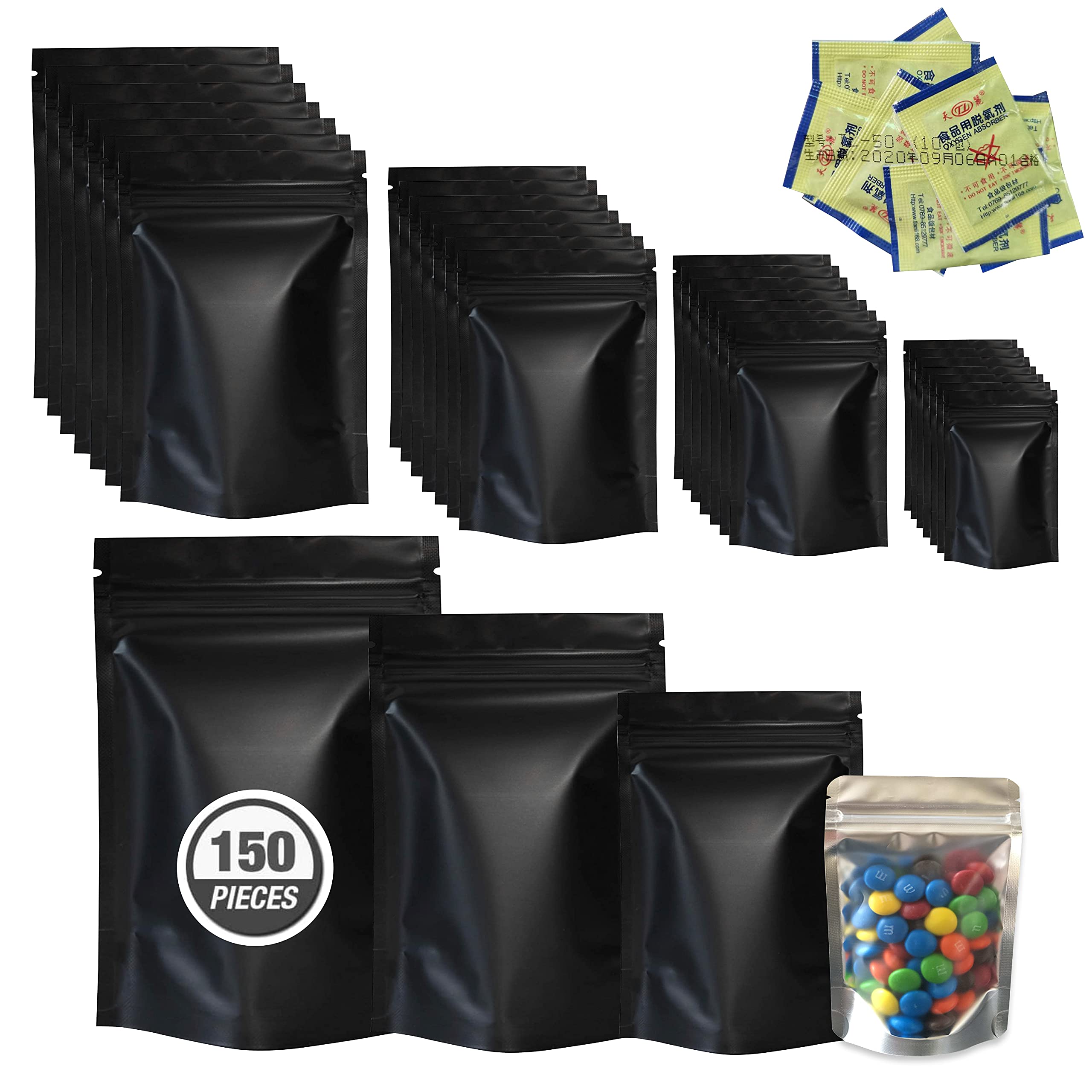 Smell Proof Resealable Mylar Bags with Oxygen Absorbers - 150pc Food Storage Packaging (4 Sizes, Black) | Airtight Containers for Weed, Coffee, Dry Goods & Emergency Supplies