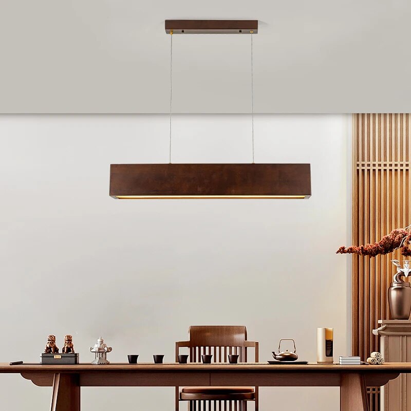 Handcrafted Walnut Wood Rectangular Hanging Light Fixture - Modern Farmhouse Pendant Lighting for Dining Room, Kitchen Island & Bedroom