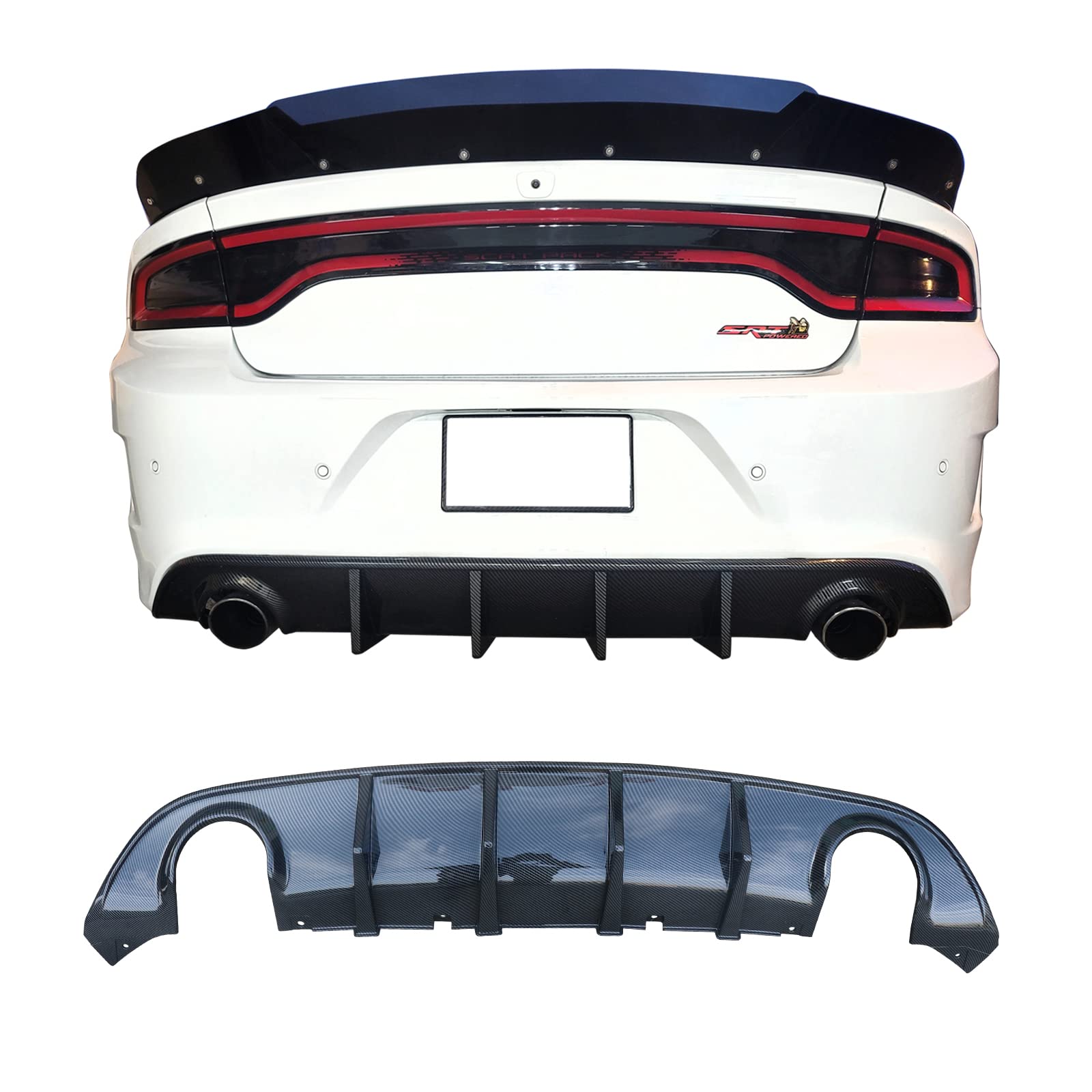 IKON MOTORSPORTS Rear Diffuser for 2015-2023 Dodge Charger SRT | V3 Style Carbon Fiber Print Bumper Lip Splitter Spoiler Lower Valance | Enhances Aerodynamics & Sporty Look | Perfect for Racing, Car Shows & Street Performance