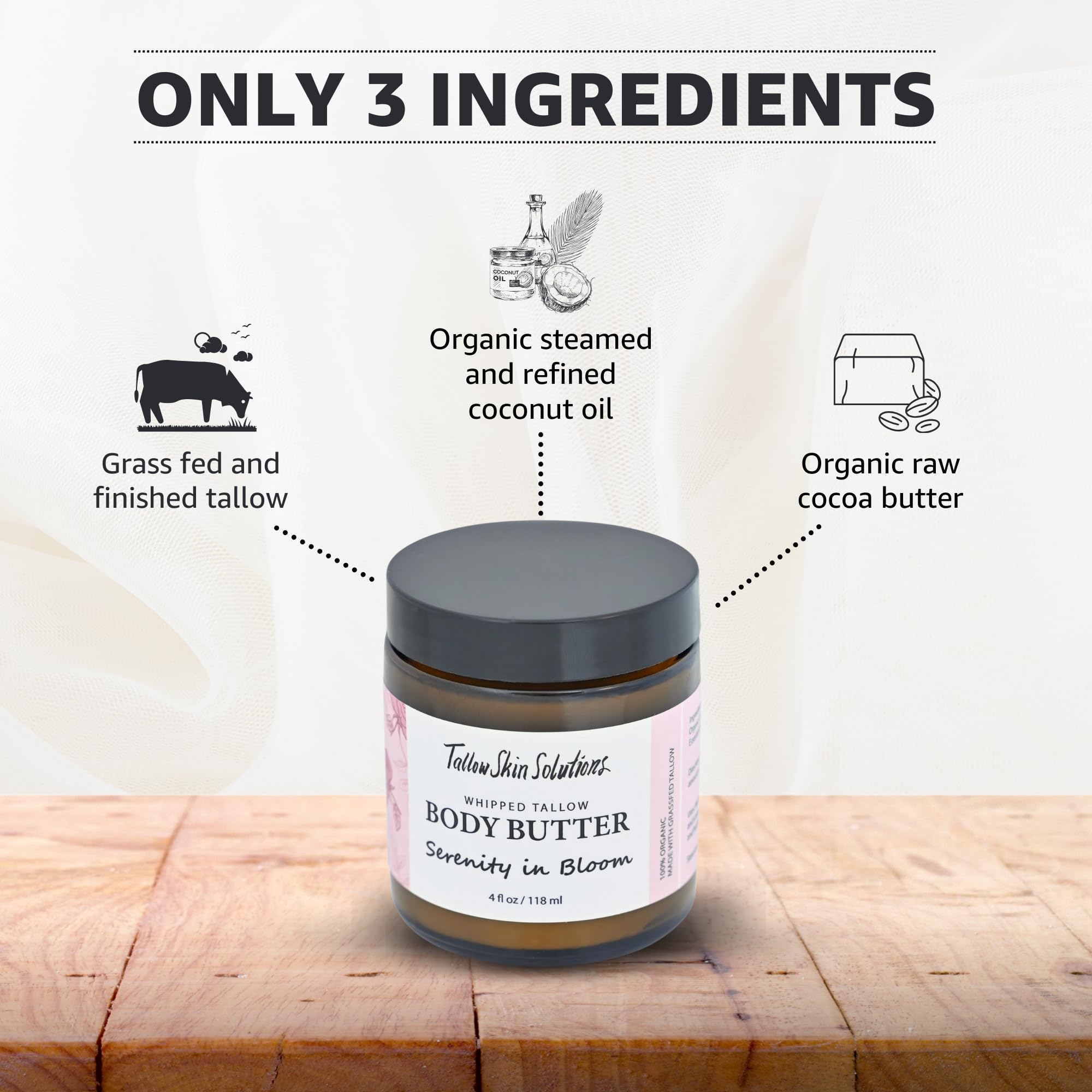 Grass-Fed Whipped Tallow Body Butter - All Natural Moisturizer for Dry & Sensitive Skin | USDA Certified | 4oz Glass Jar | Perfect for Eczema, Psoriasis & Baby Care | Serenity in Bloom Collection