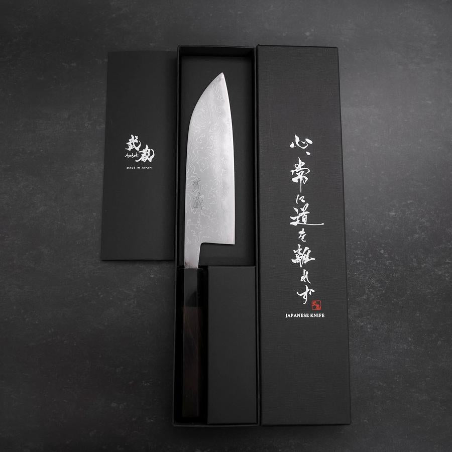 Premium Santoku Knife - Blue Steel #2 Damascus Blade with Buffalo Ebony Handle - 165mm Japanese Chef Knife for Slicing, Dicing & Precision Cooking - Perfect for Home Chefs & Professional Kitchens