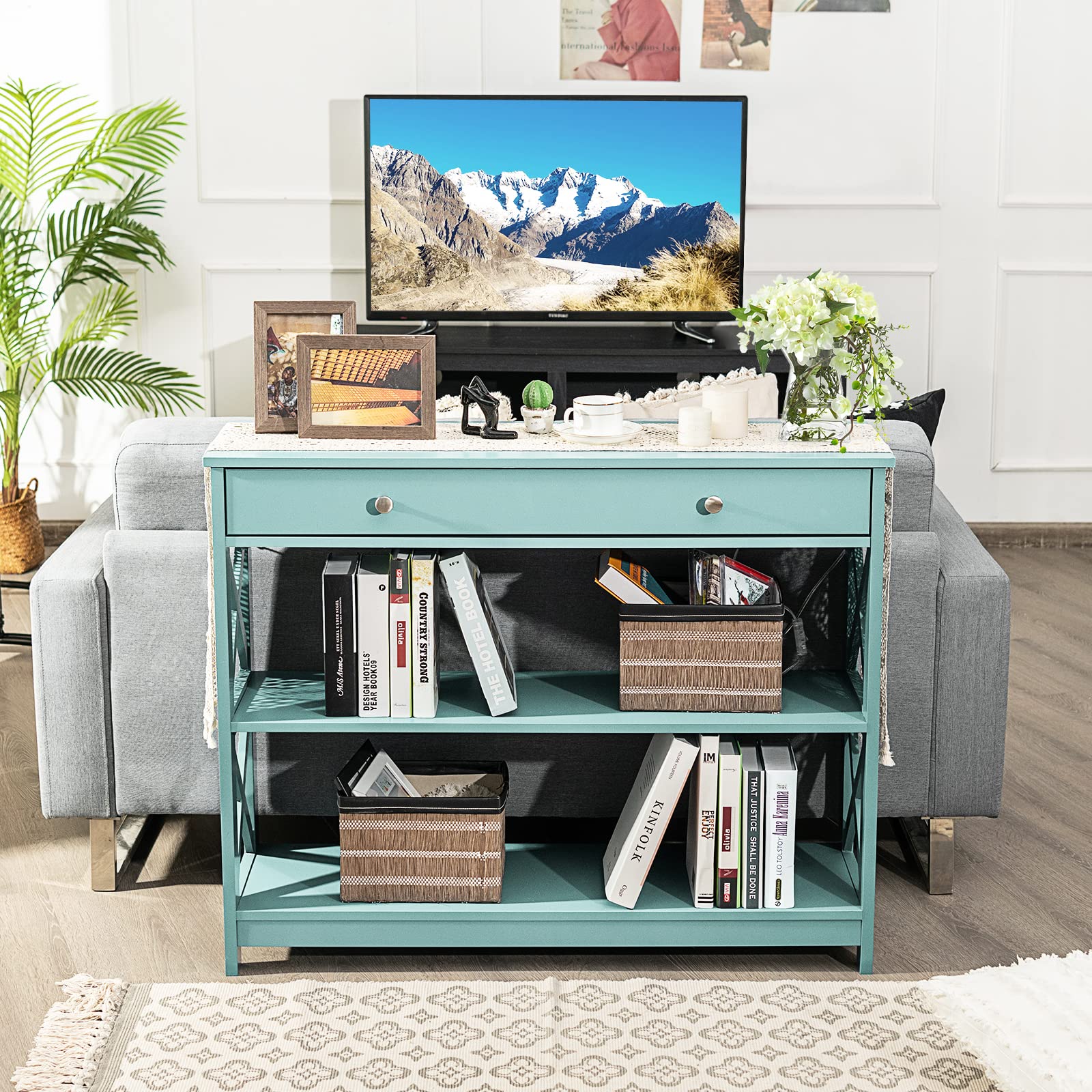 Giantex 3-Tier Console Table with Drawer & Storage Shelves - X-Design Entryway Sofa Table for Hallway, Living Room & Bedroom - Blue - Perfect for Small Space Organization & Home Decor