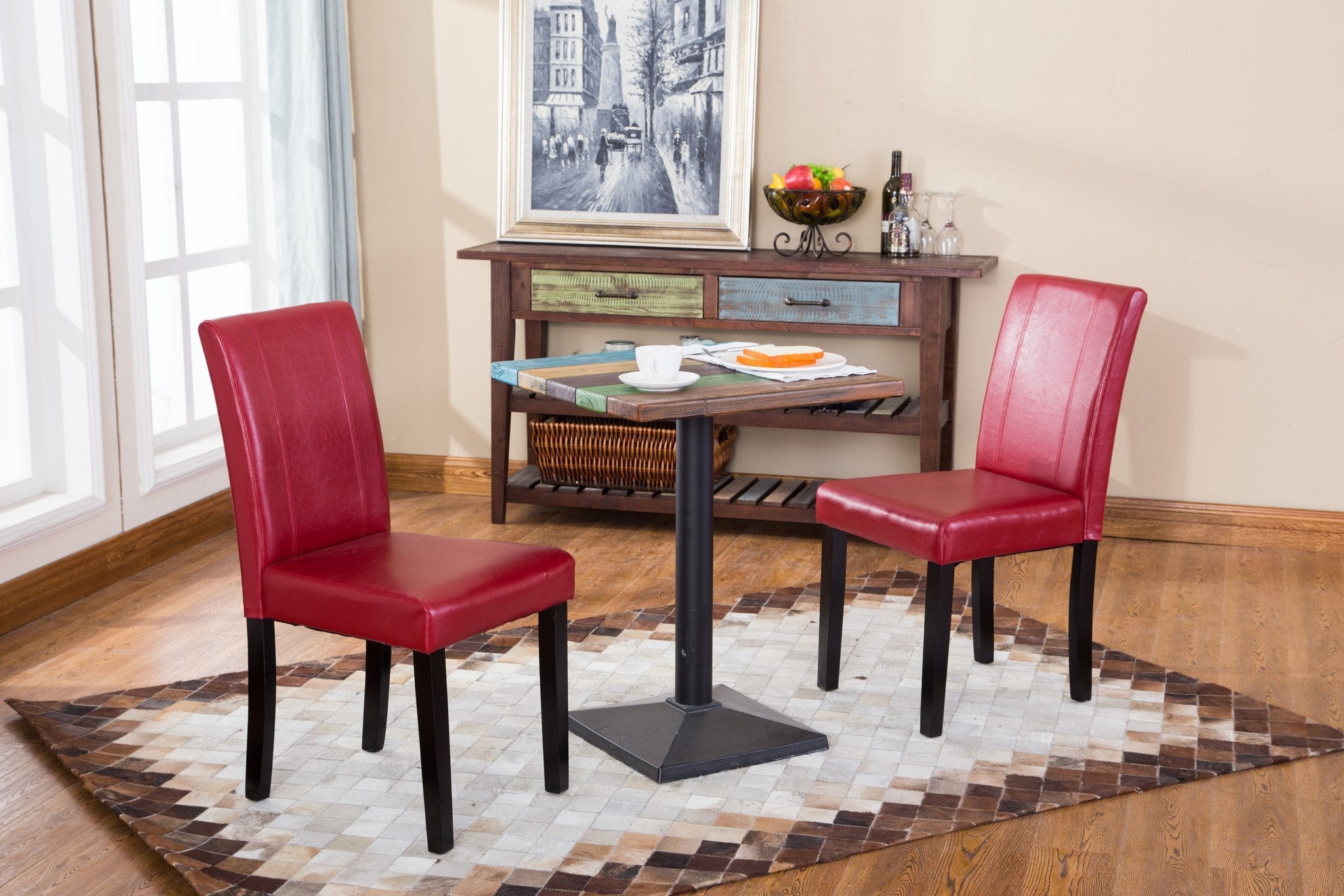 Roundhill Urban Style Solid Wood Faux Leather Parsons Dining Chairs - Set of 2, Modern Red Accent Chairs for Kitchen, Dining Room & Home Office