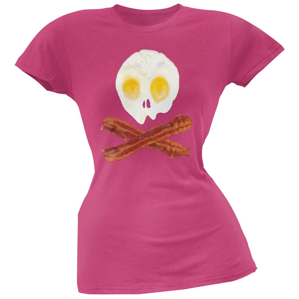 Skull and Crossbones Pink Soft Juniors T-Shirt - X-Large | Eggs and Bacon Print | Trendy Graphic Tee for Women & Teens | Casual Wear, Halloween Costume, Street Fashion