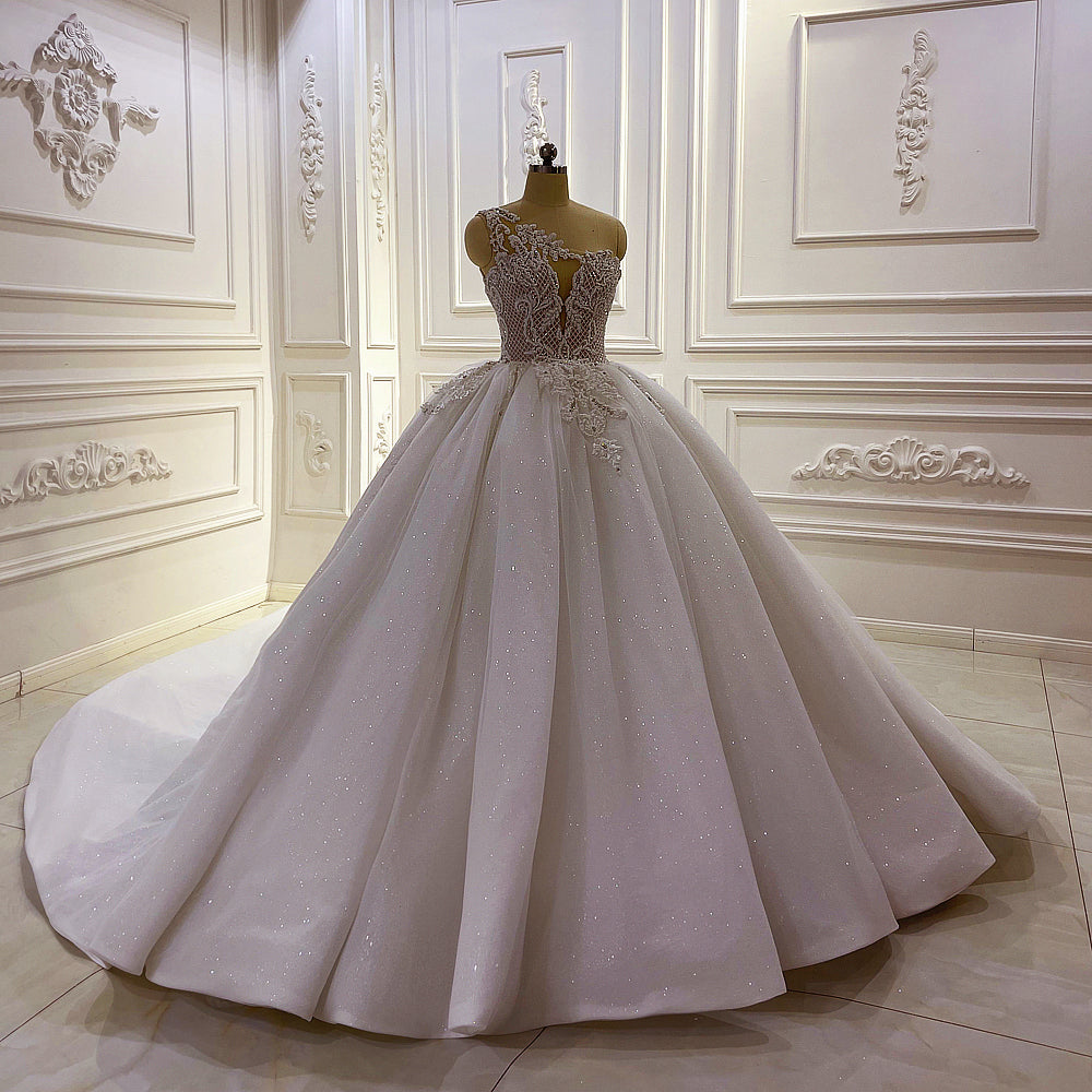 Elegant AM1276 One Shoulder Lace Wedding Dress - Romantic A-Line Bridal Gown for Beach, Church & Garden Weddings