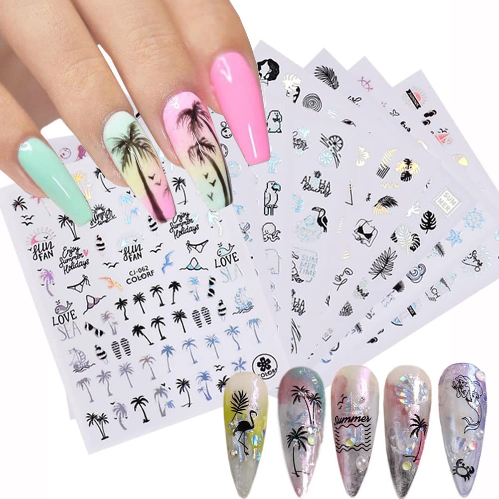 9 Sheets Summer Nail Art Stickers - 3D Self-Adhesive Bronzing Laser Decals with Beach Leaves, Coconut Trees & Ocean Animals for DIY Manicure - Perfect for Summer Vacation, Pool Parties & Mermaid-Themed Nail Designs