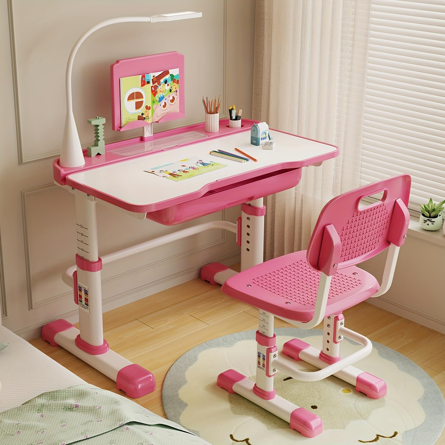 Adjustable Kids Desk and Chair Set with LED Light & Storage Drawer - Ergonomic Study Desk for Children, Tiltable Desktop for Drawing, Reading & Homework - Perfect for Bedroom, Homeschooling & Playroom (Pink)