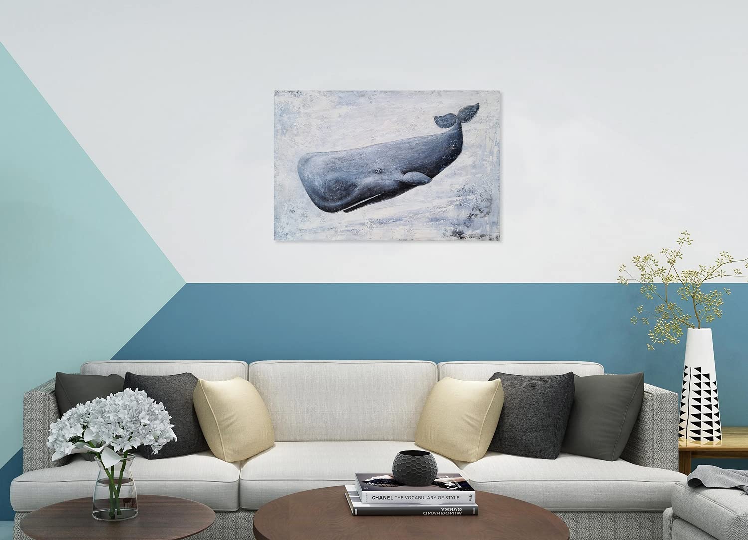 SYGALLERIER Hand-Painted Textured Sperm Whale Canvas Wall Art - Modern Abstract Coastal Animal Painting for Bathroom, Living Room & Bedroom Decor | Perfect for Nautical Theme Home & Office Spaces