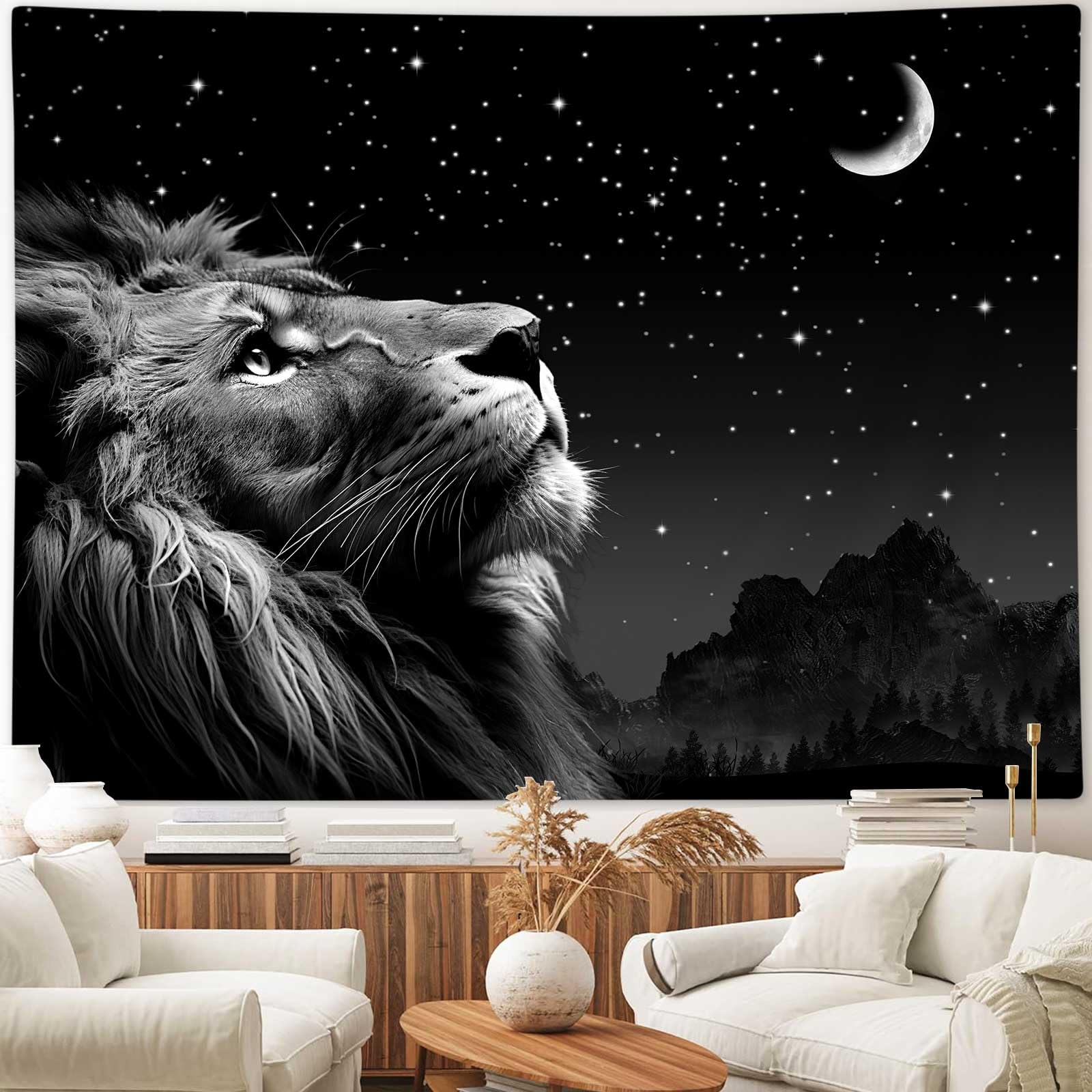 Boziqr Cool Lion and Space Stars Moon Tapestry Wall Hanging - Aesthetic Black Decor for Bedroom, Living Room, Dorm - 60x40 Inches - Perfect for Bohemian Style, Teen Room & Meditation Space
