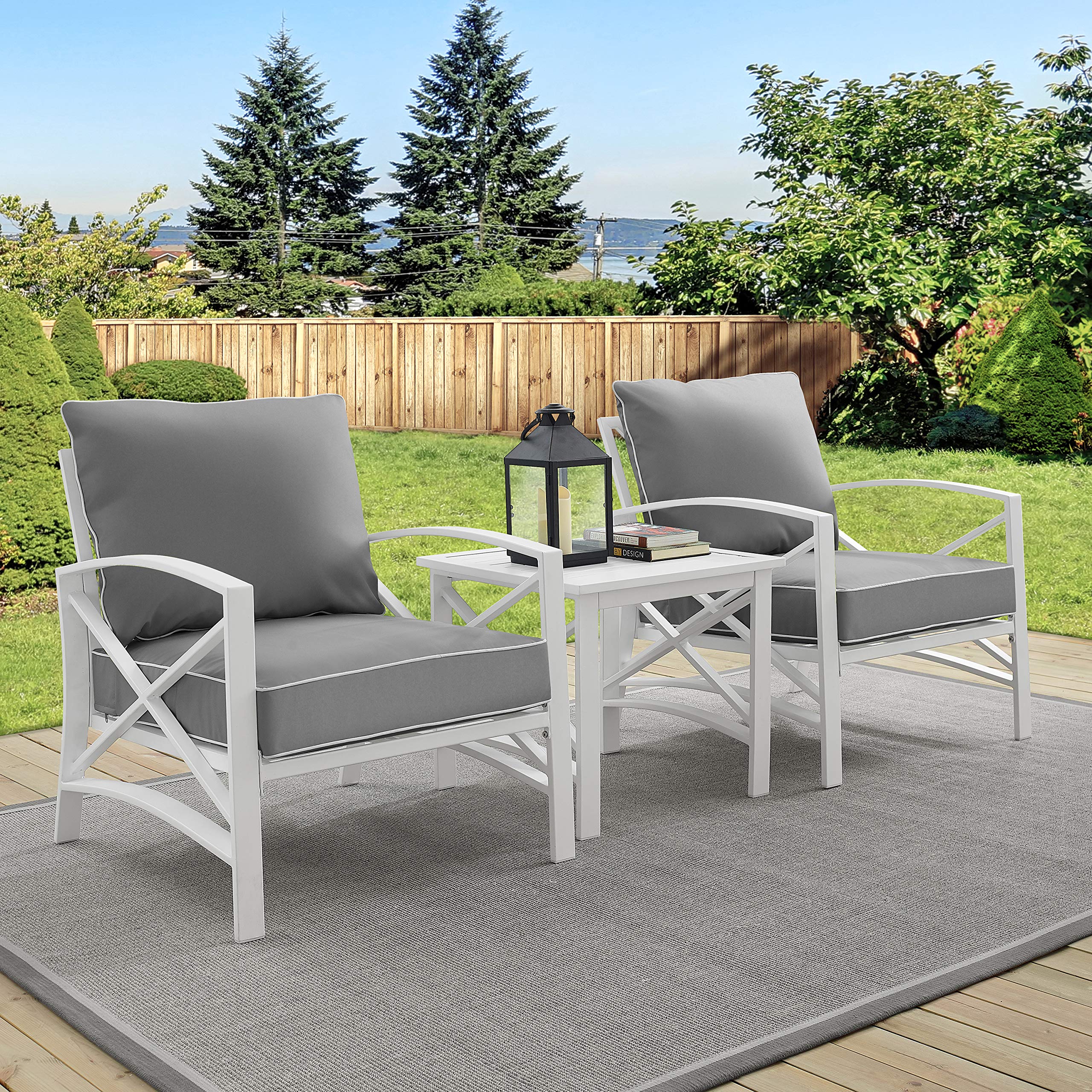 Crosley Furniture Kaplan 3-Piece Outdoor Patio Set - White Wicker Chairs with Gray Cushions & Side Table - Perfect for Porch, Deck, Garden or Backyard Relaxation