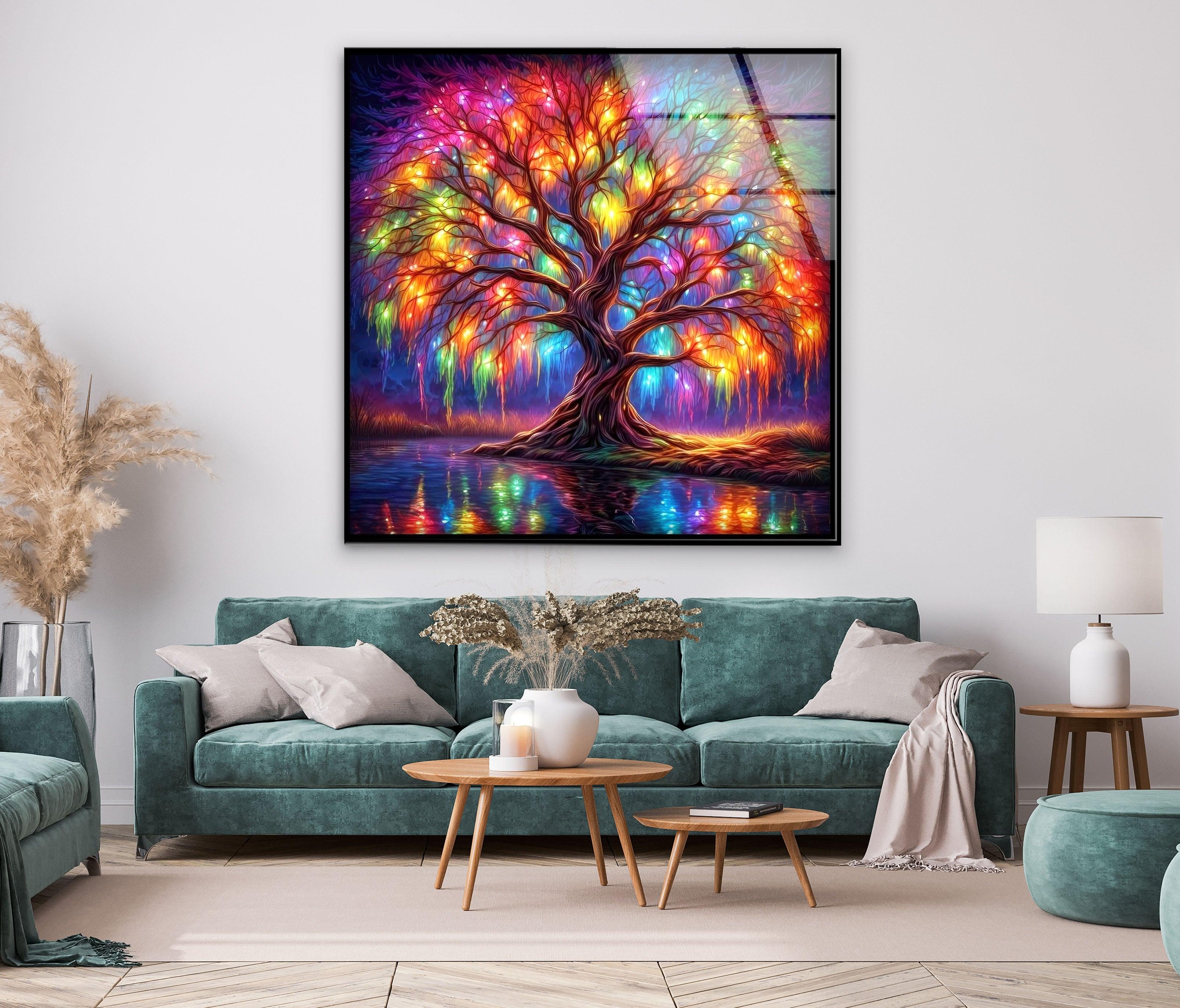 Vibrant Tree Glass Wall Art Decor - Handmade Stained Glass Panel for Living Room, Bedroom & Office - Nature-Inspired Home Decor Gift Idea