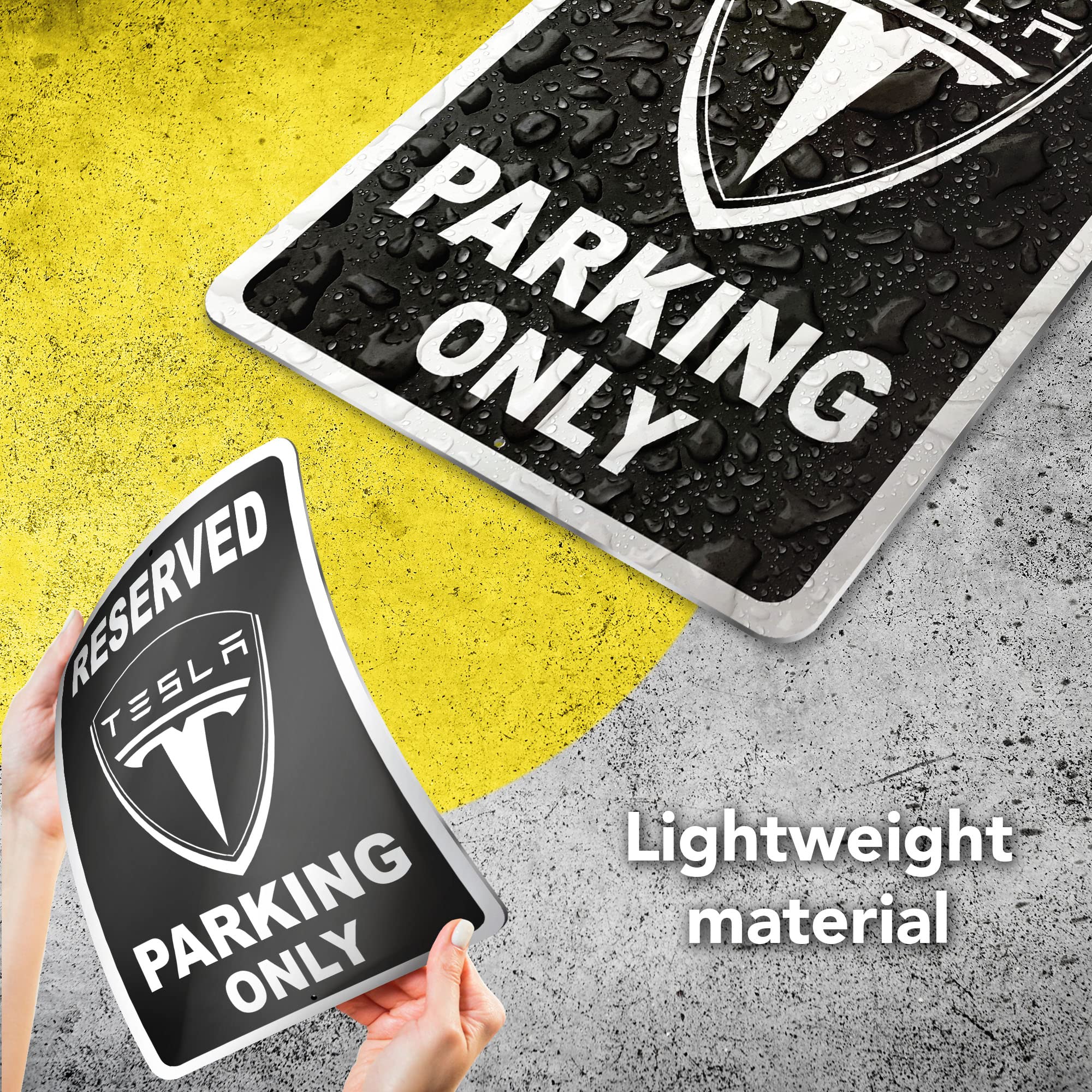 Tesla Parking Only Sign - 8x12 Inch Aluminum Garage Sign for Tesla Owners - Durable Black Parking Place Sign - Perfect Tesla Gift for Home & Office Use