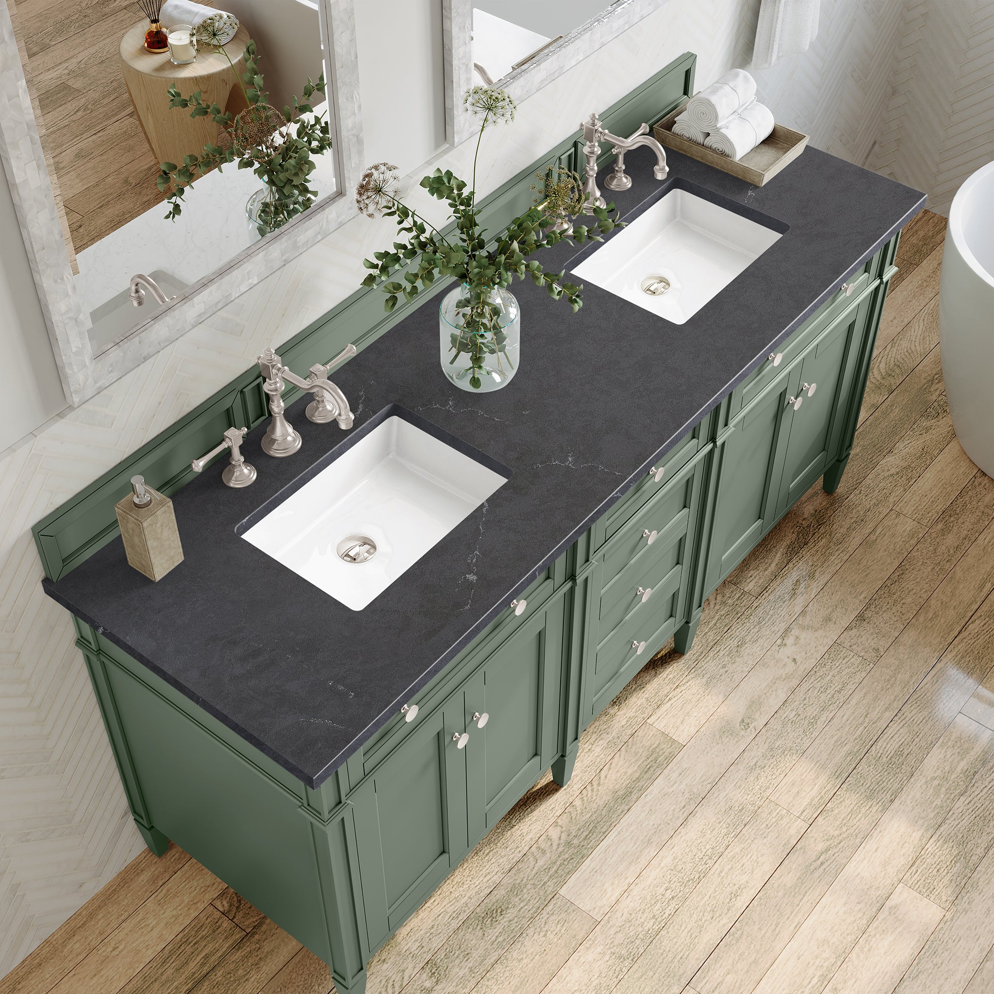 Brittany 72-Inch Double Vanity in Smokey Celadon with 3CM Charcoal Soapstone Top - Perfect for Master Bathroom Renovation & Luxury Home Decor