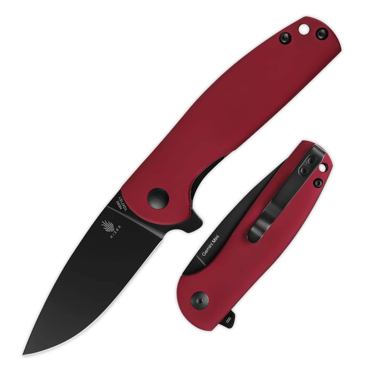 Kizer Gemini Mini Red Matte Aluminum Pocket Knife - Black Coated N690 Steel Blade Flipper Knife with Pocket Clip | EDC Everyday Carry Tool for Camping, Hiking & Outdoor Adventures (Model V2471E1)