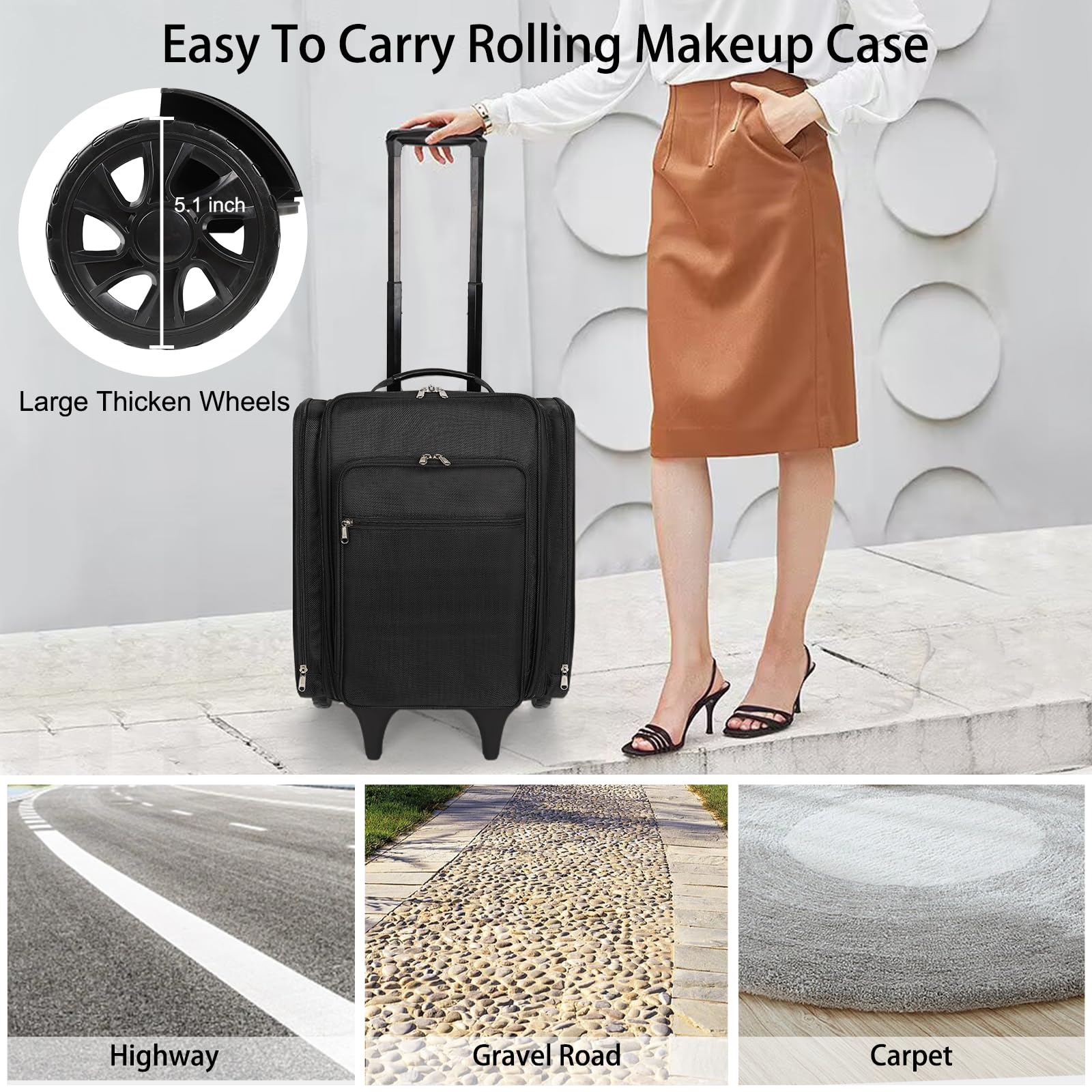 Professional Rolling Makeup Case - Extra Large Travel Cosmetic Organizer with 4 Removable Bags | Portable Makeup Train Case for Artists & Beauty Enthusiasts | Perfect for Salon, Bridal, On-Set & Travel Makeup Storage