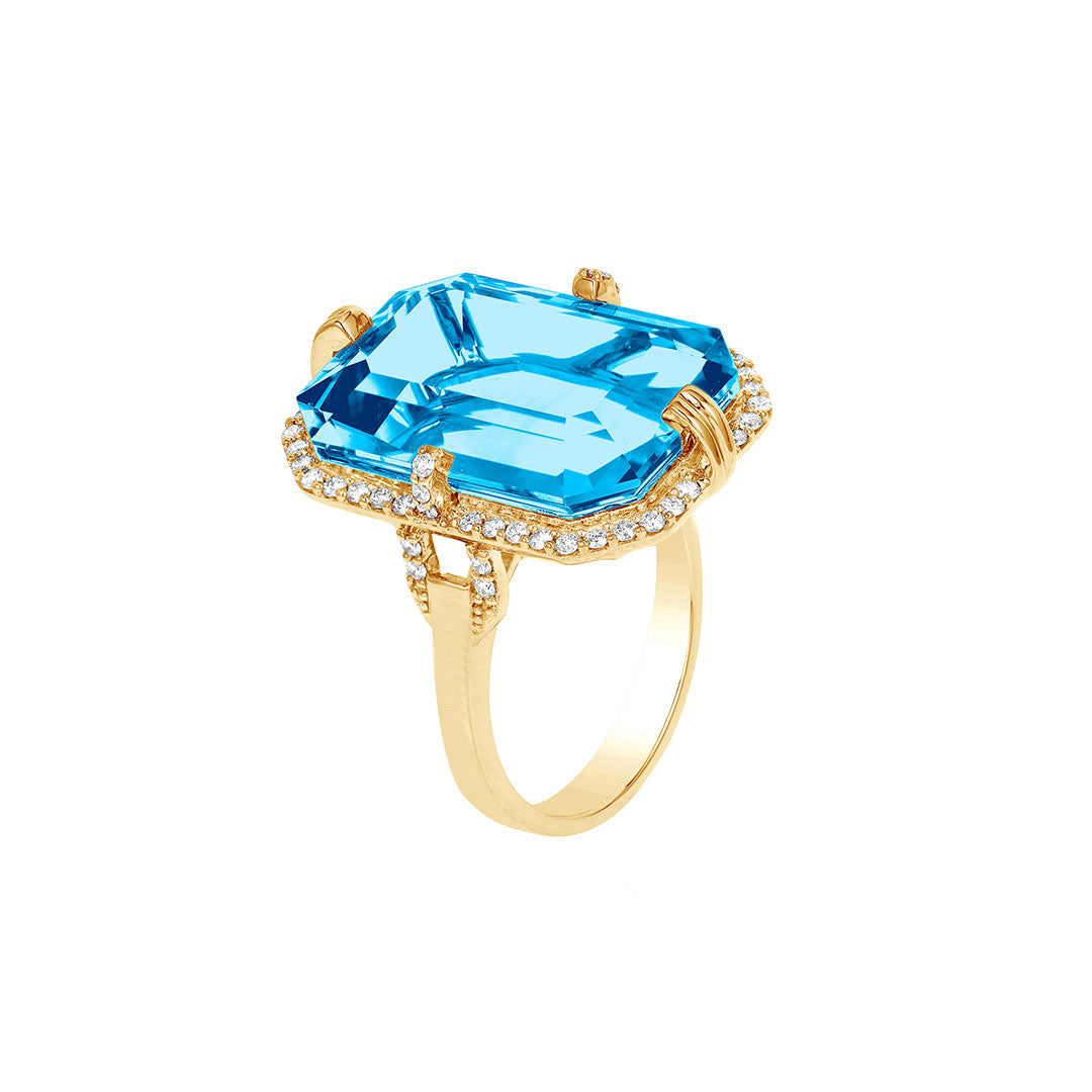 Goshwara 18K Gold Emerald Cut Blue Topaz & Diamond Ring for Women – Elegant Jewelry Gift for Engagement, Wedding, Anniversary & Special Occasions