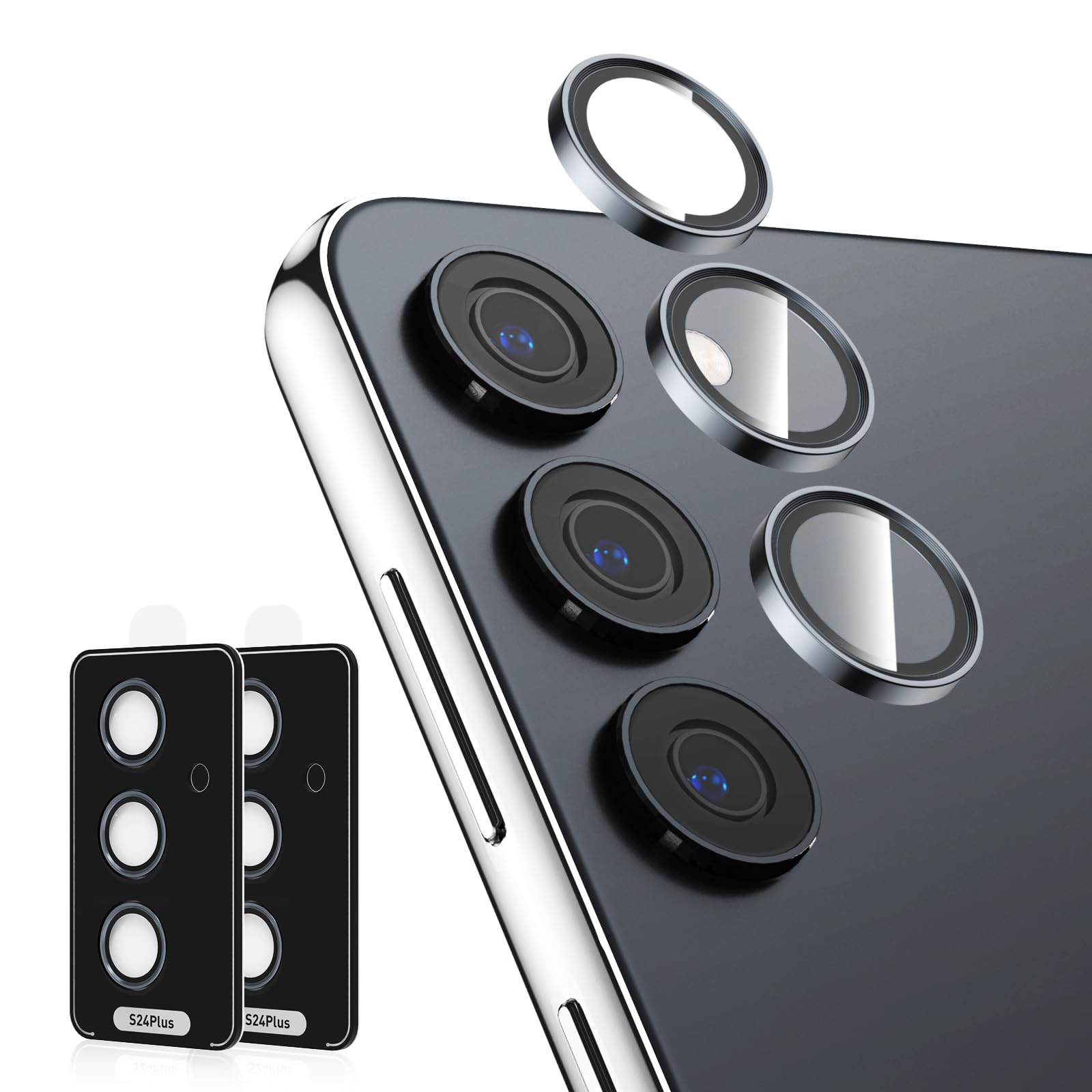 2-Pack 9H Hardness Auto-Alignment HD Camera Lens Protector for Samsung Galaxy S24 Plus - Metal Ring Back Screen Cover, Scratch-Resistant, Case Friendly - Perfect for Outdoor Photography & Daily Protection (Grey)