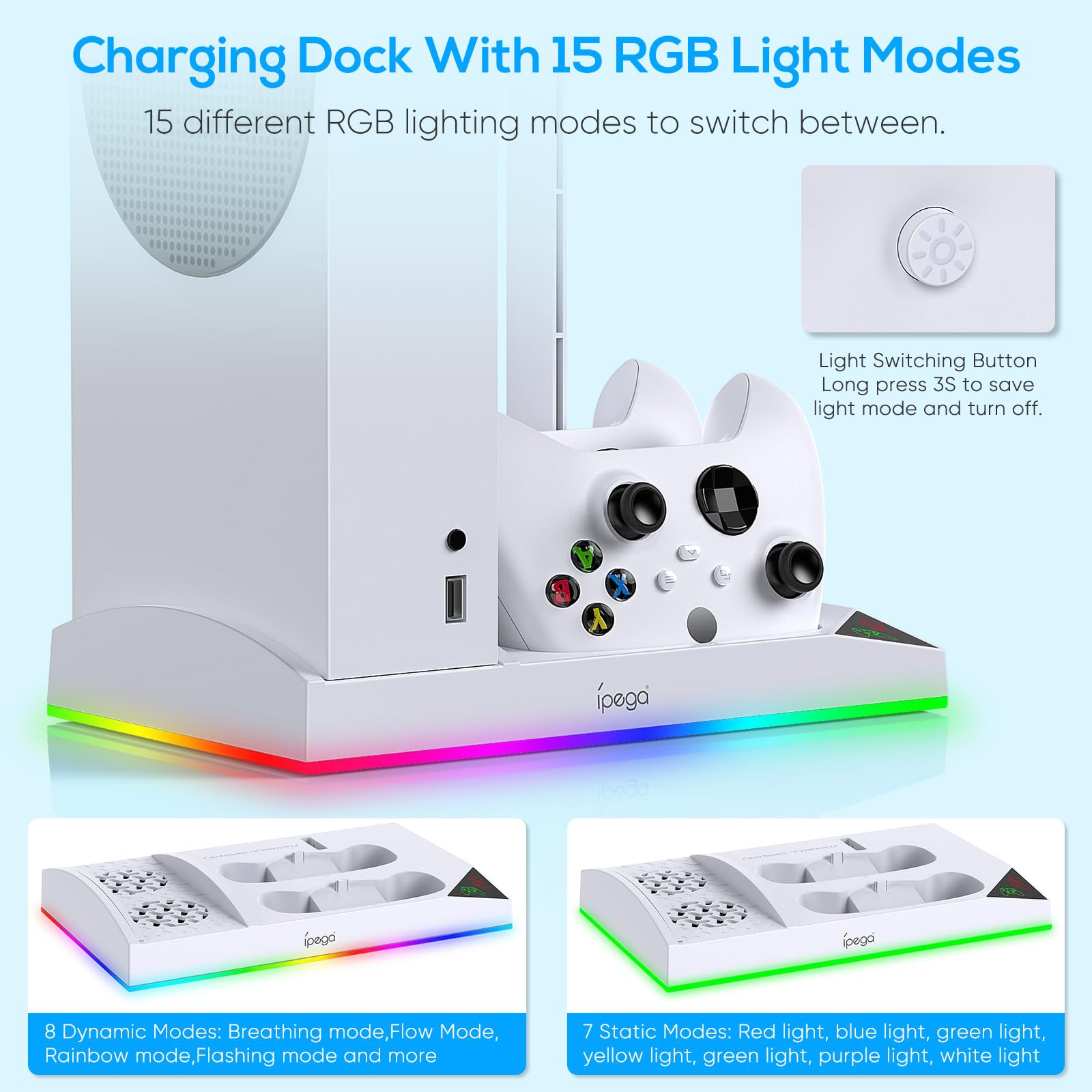 Upgraded RGB Cooling Fan Charging Station for Xbox Series S Console & Controller - Dual Charger Dock Cooler System Stand with 15 Colorful LED Light Modes, Includes 2x1400mAh Rechargeable Batteries (White) - Perfect for Gaming Setup & Accessories Organization
