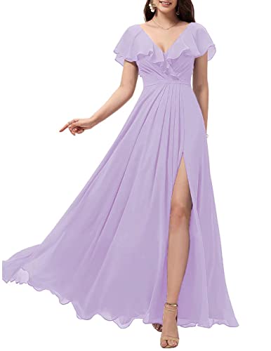 SoDigne Women's Elegant Ruffle Sleeves Bridesmaid Dress - V-Neck Slit Evening Gown Long Chiffon Formal Dress for Weddings, Parties & Special Occasions