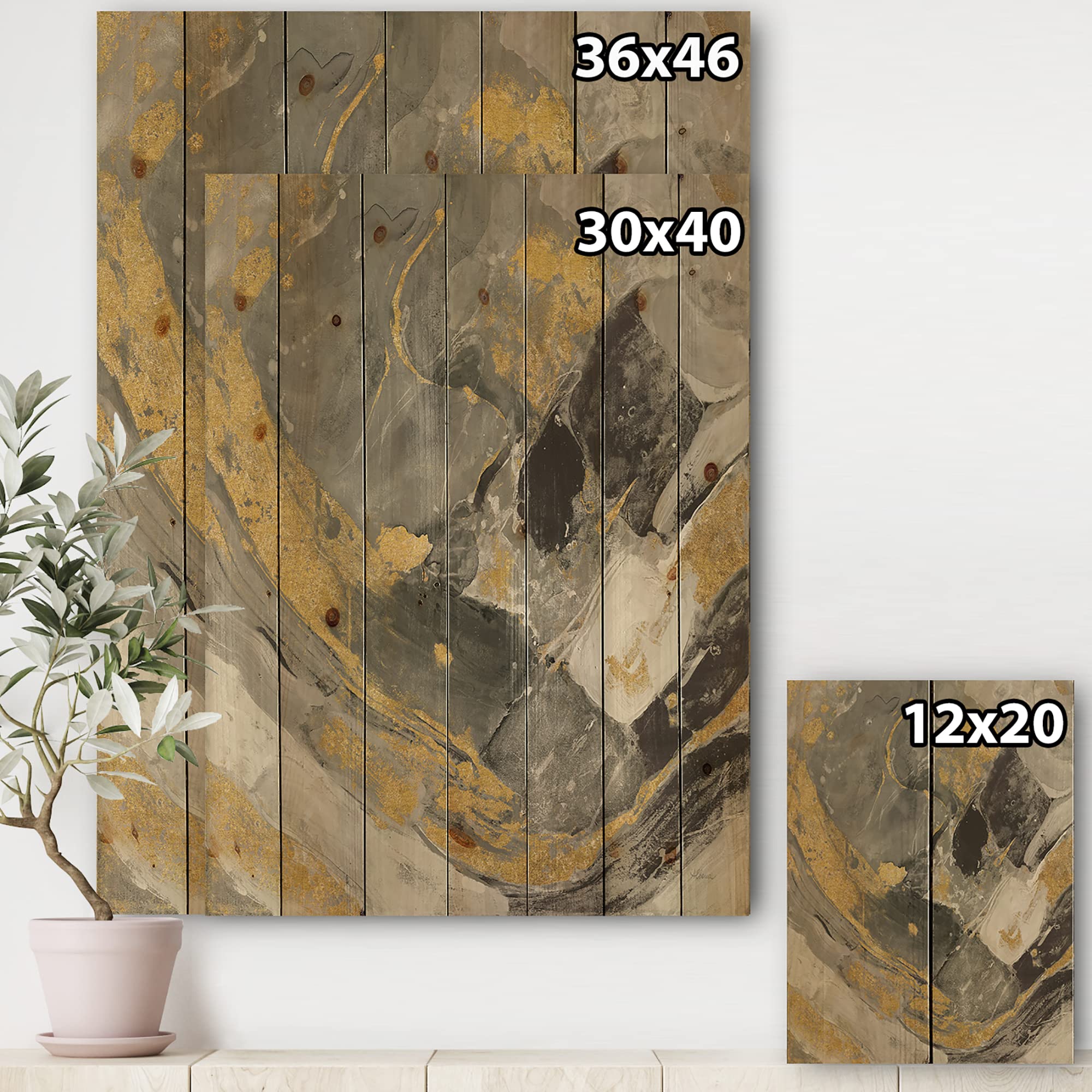 DesignQ Modern & Contemporary Wood Wall Art - Marble Gold & Black Abstract Wood Panels Printed on Natural Pine - Large Wood Wall Decor for Living Room, Bedroom, Office