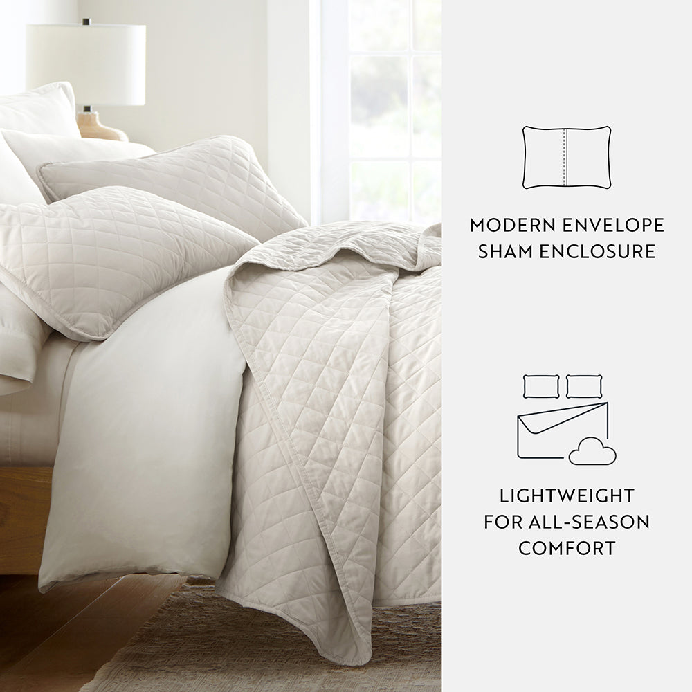3 Piece Diamond Stitch Quilted Coverlet Set - Queen Size Bedding, Soft & Breathable - Perfect for Guest Rooms, Master Bedrooms & Cozy Home Decor