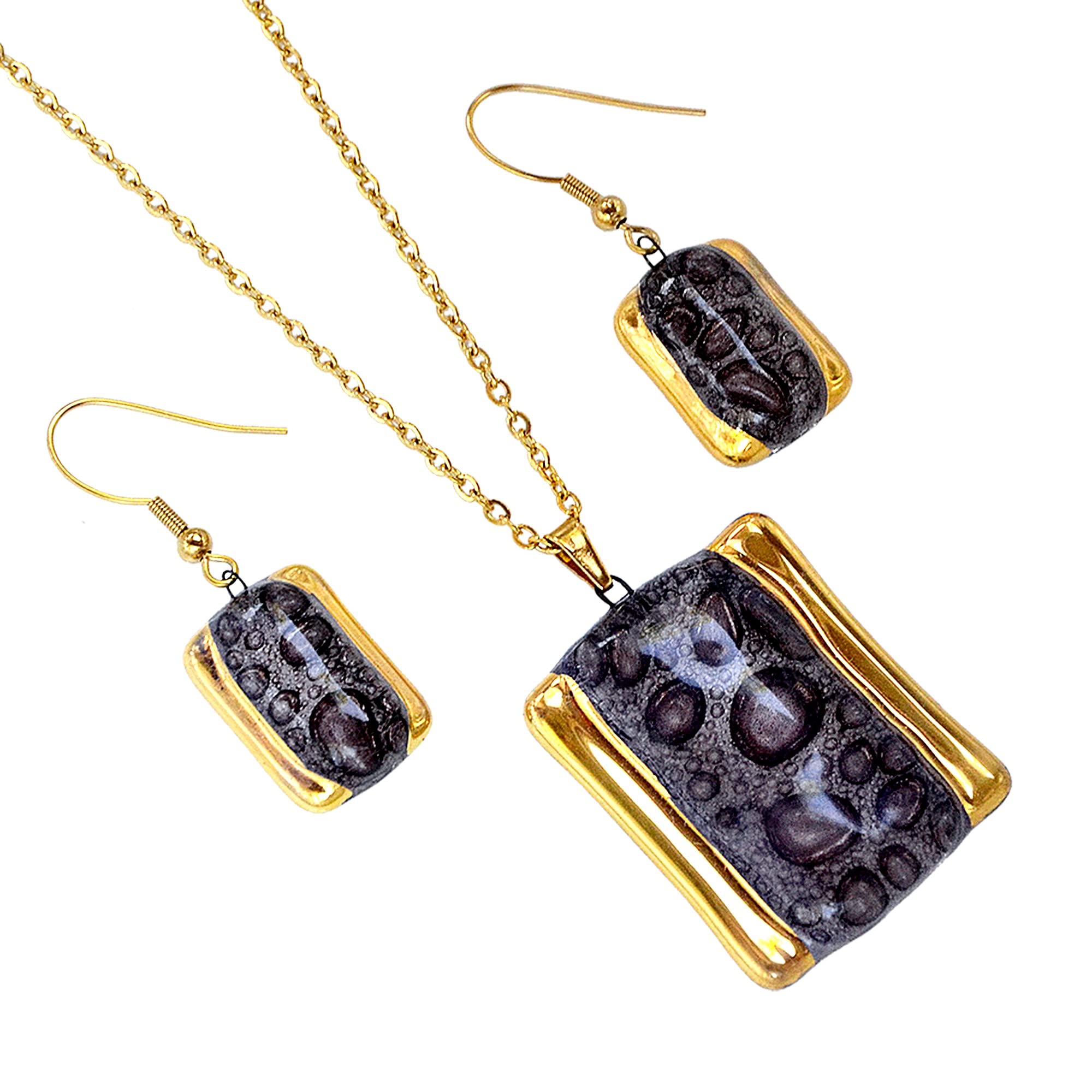 Handmade Brown Bubble Glass Necklace and Earrings Set - Gold-Plated Designer Jewelry for Women, Perfect for Parties, Weddings, and Special Occasions